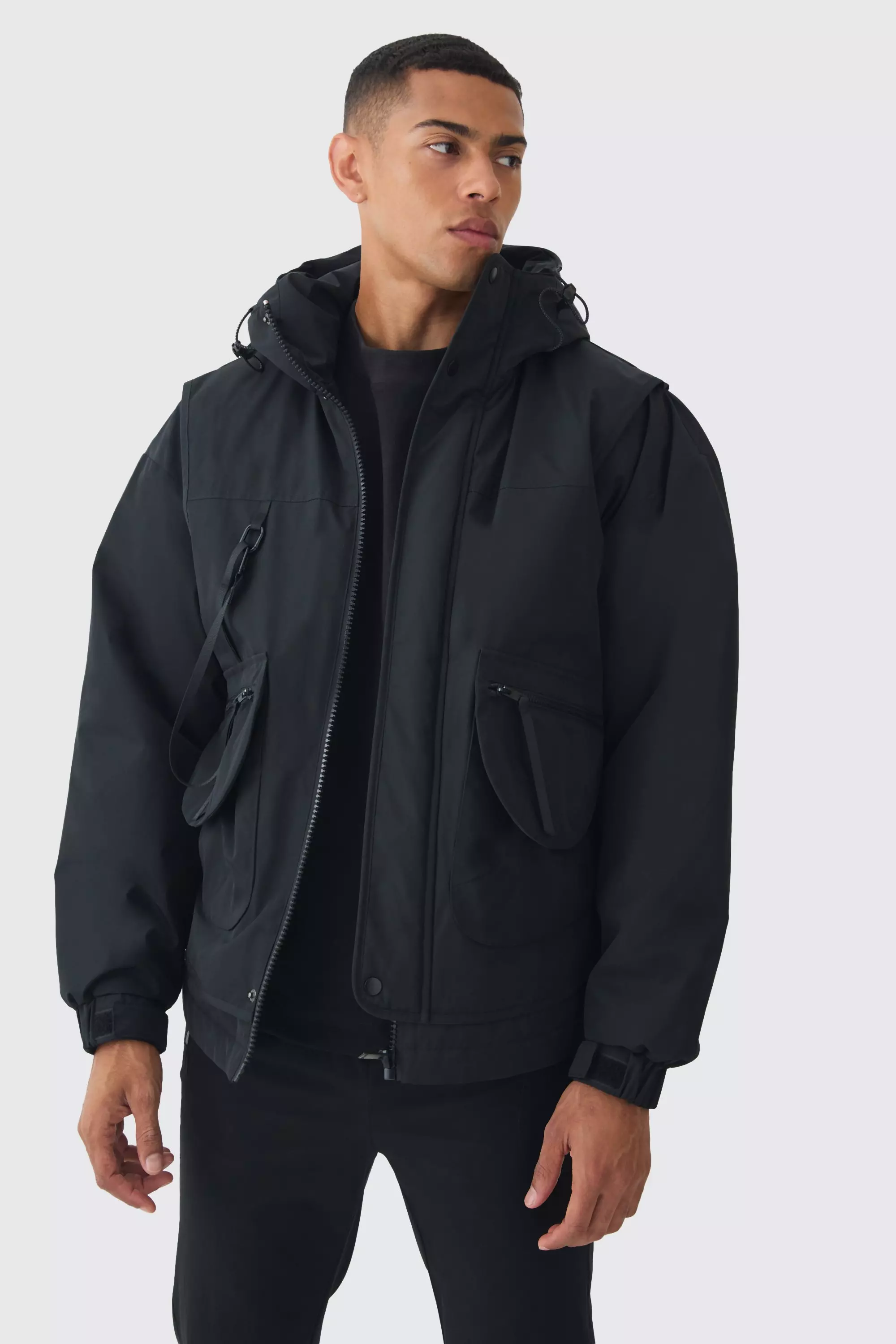 Hooded Utility Tech Parka Coat In Black Black