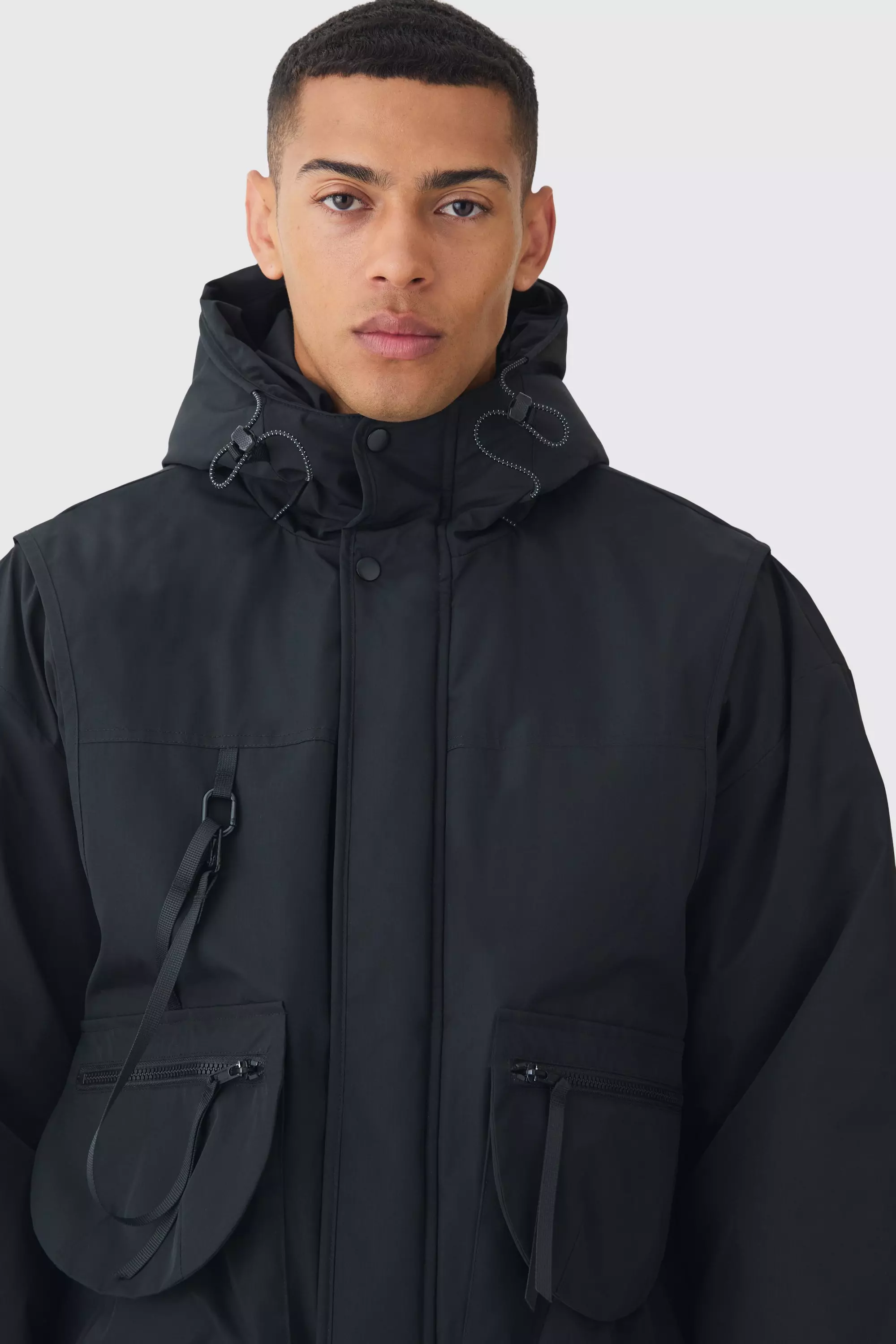 Hooded Utility Tech Parka Coat In Black | boohooMAN USA