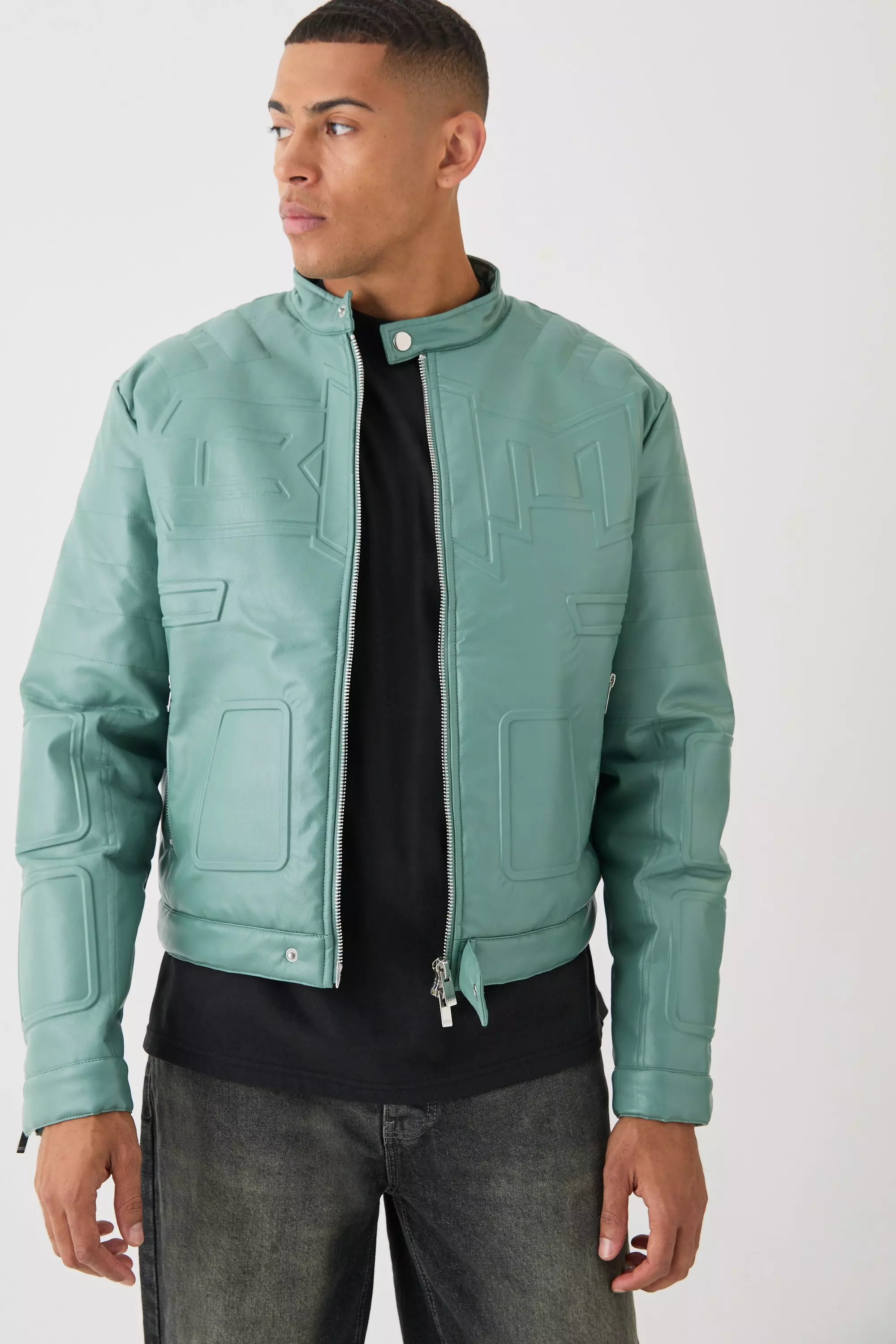 Boxy BHM Tonal Pu Moto Jacket In Sage Sage