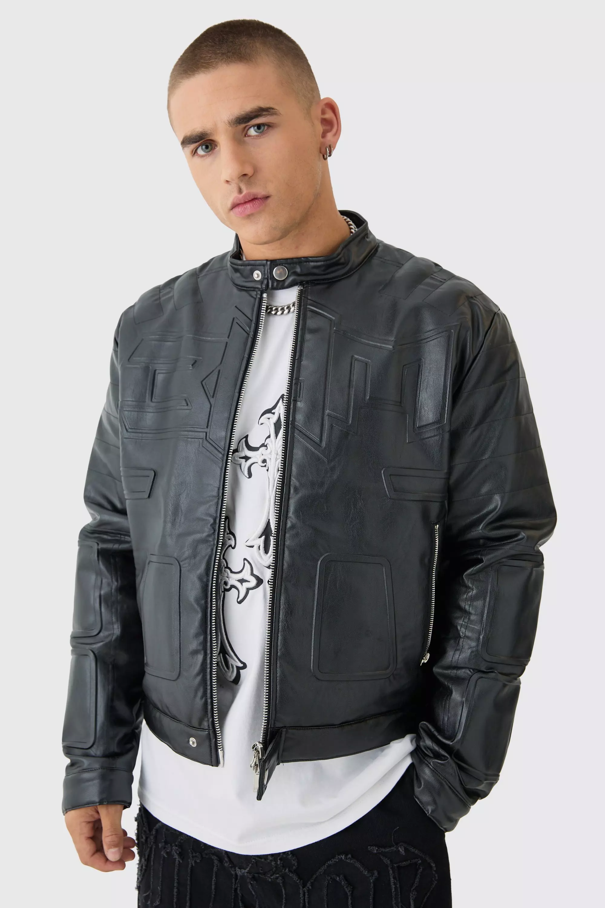 Boxy BHM Tonal Pu Moto Jacket In Black Black