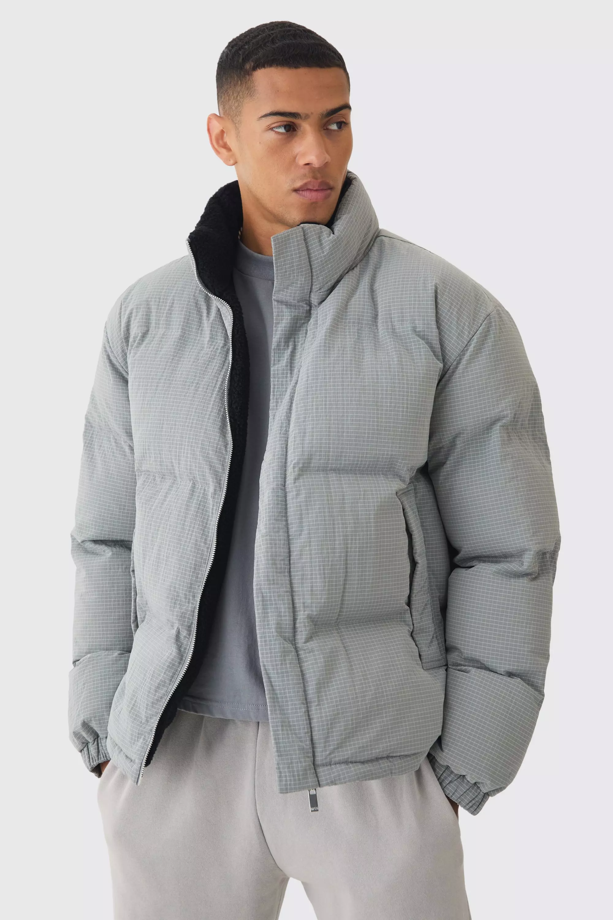 Embroidered Ripstop Funnel Neck Puffer In Grey alternative image