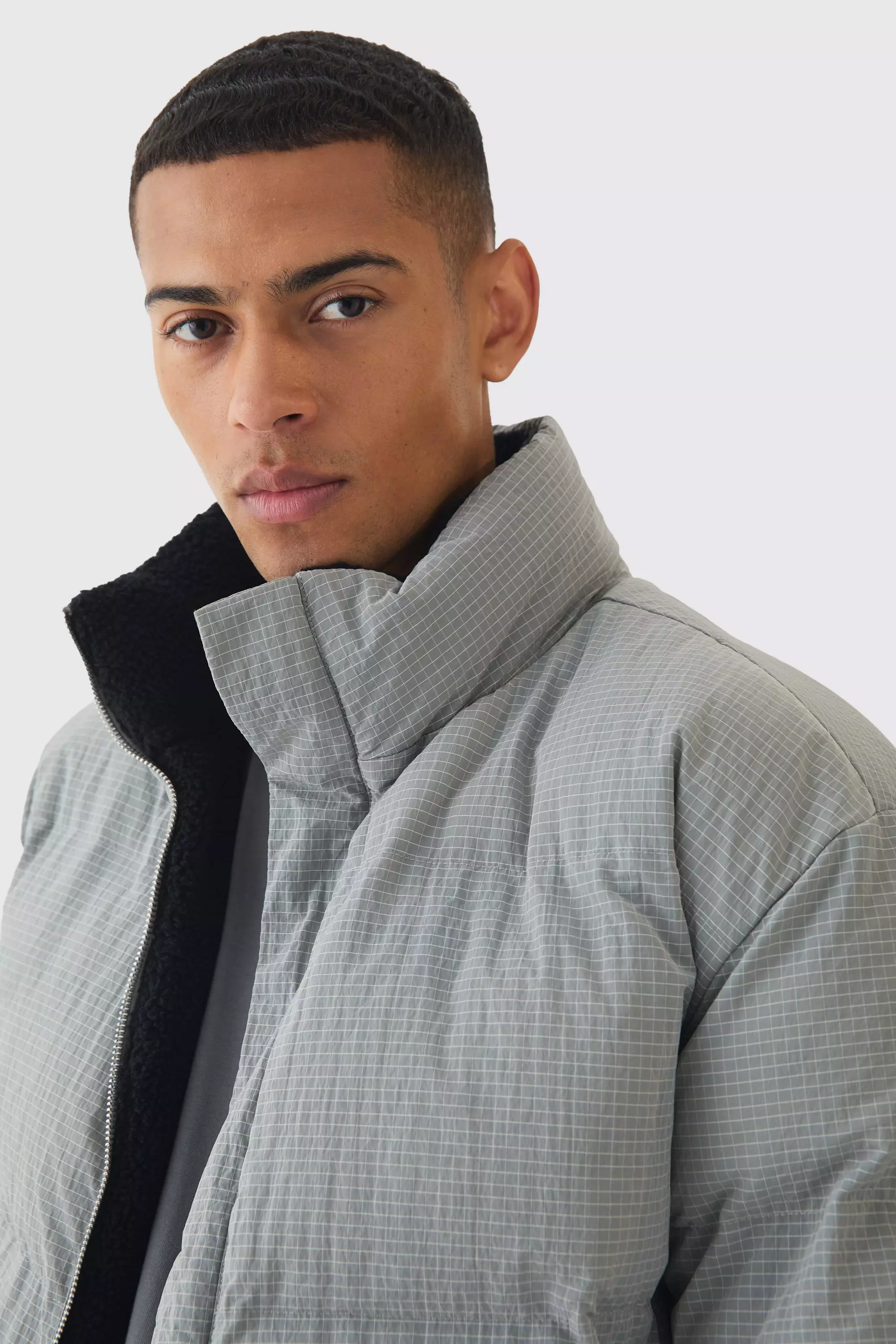 Embroidered Ripstop Funnel Neck Puffer In Grey alternative image
