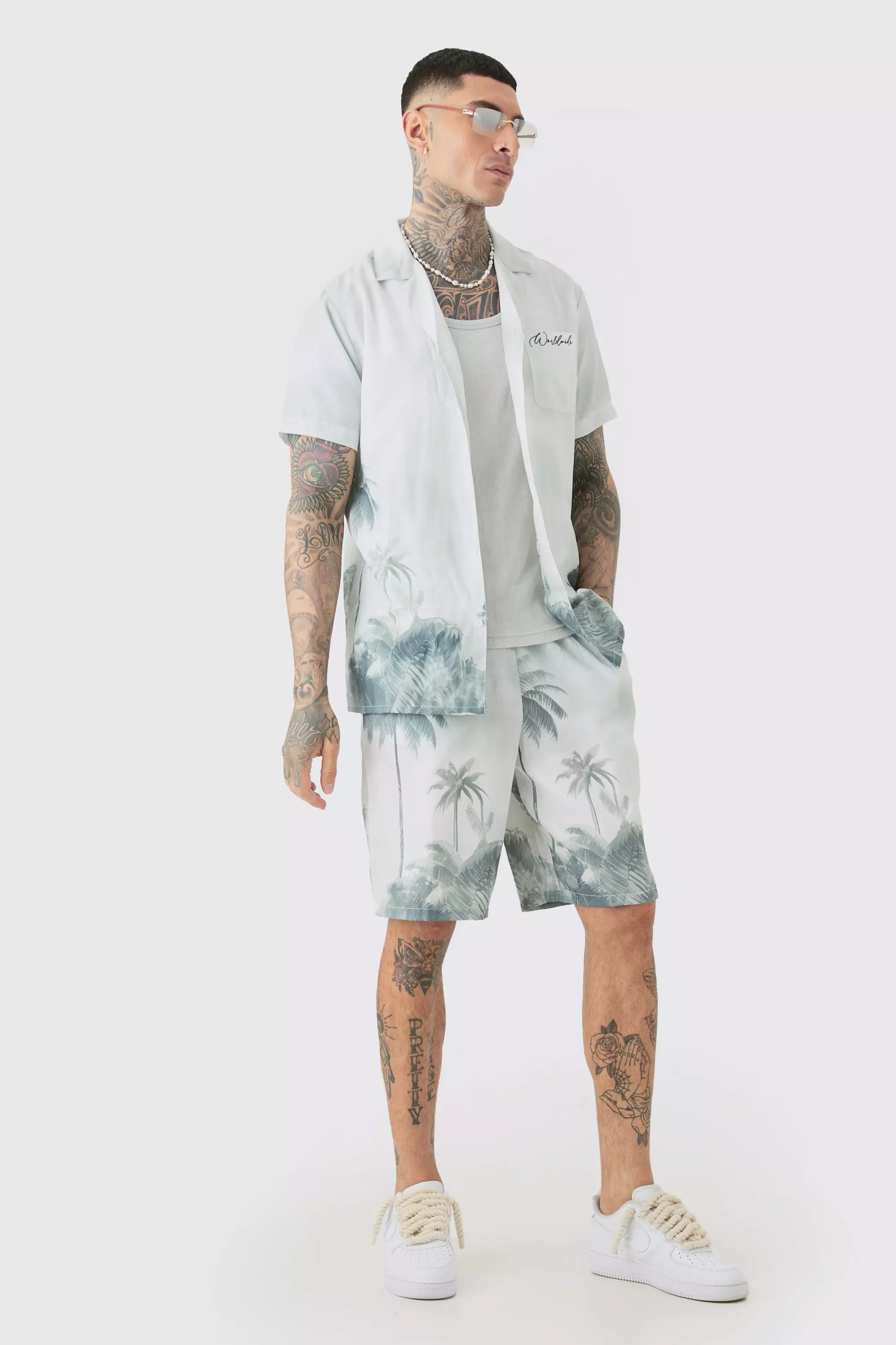 Tall Linen Look Watercolour Landscape Shirt & Short Set Grey