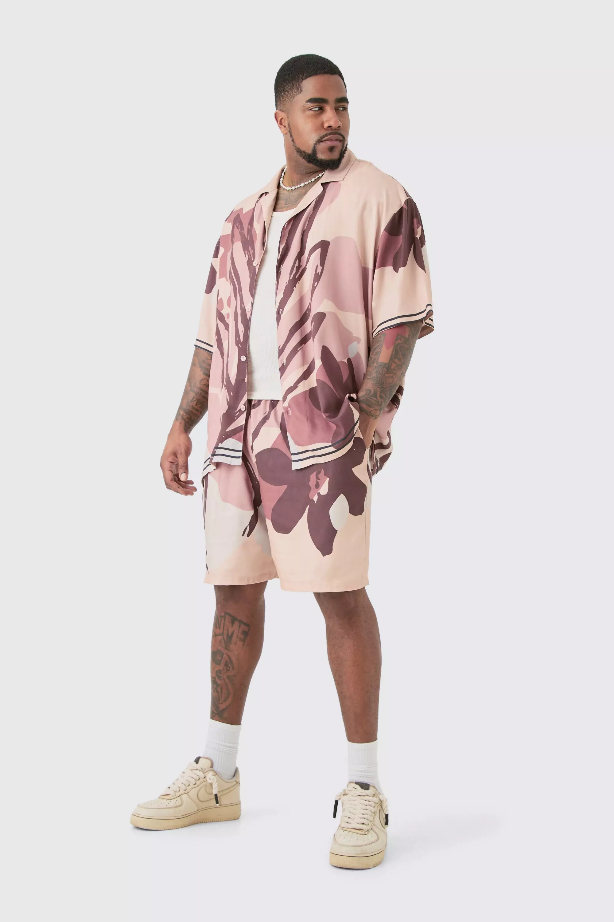 Plus Drop Revere Abstract Flower Shirt & Short Set Stone