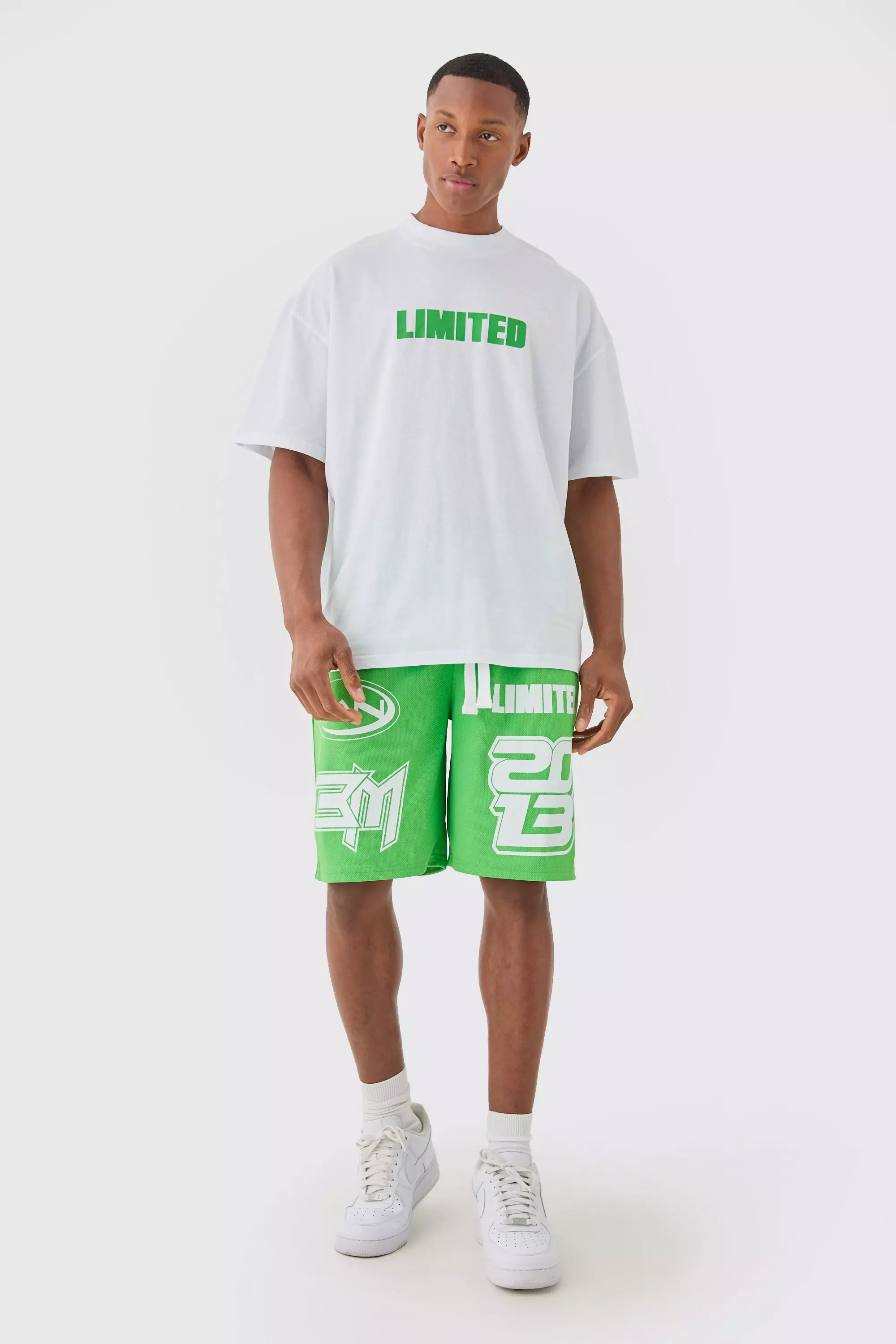 Green Oversized Extended Neck Limited T-shirt & Mesh Shorts