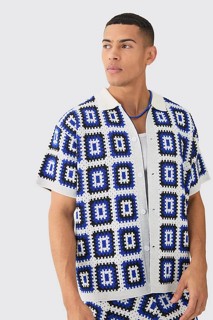 Oversized Boxy Crochet Knit Shirt In White | boohooMAN USA Oversized Boxy Crochet Knit Shirt In White | boohooMAN USA