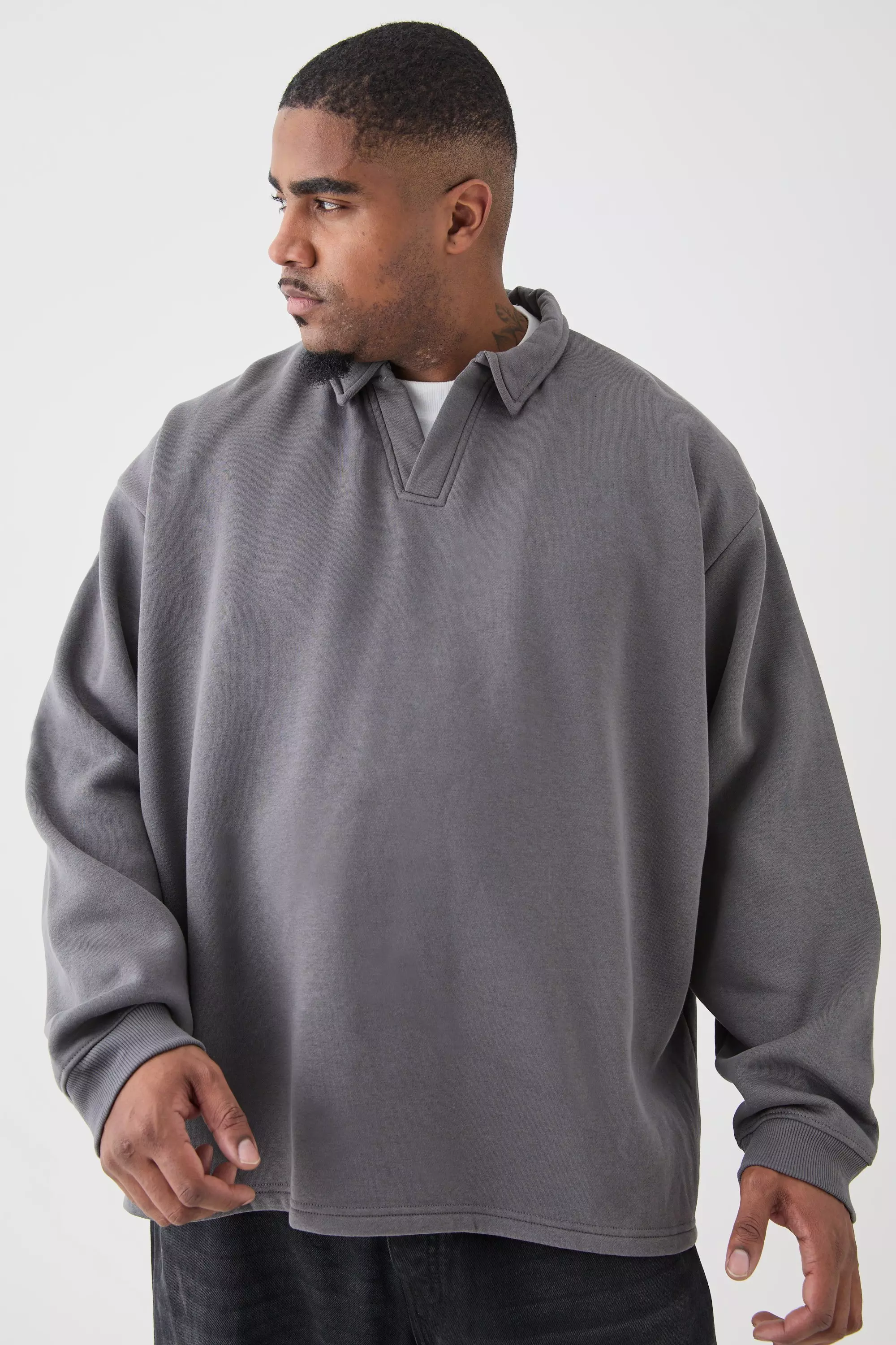 Charcoal Plus Oversized Revere Rugby Sweatshirt Polo alternative image