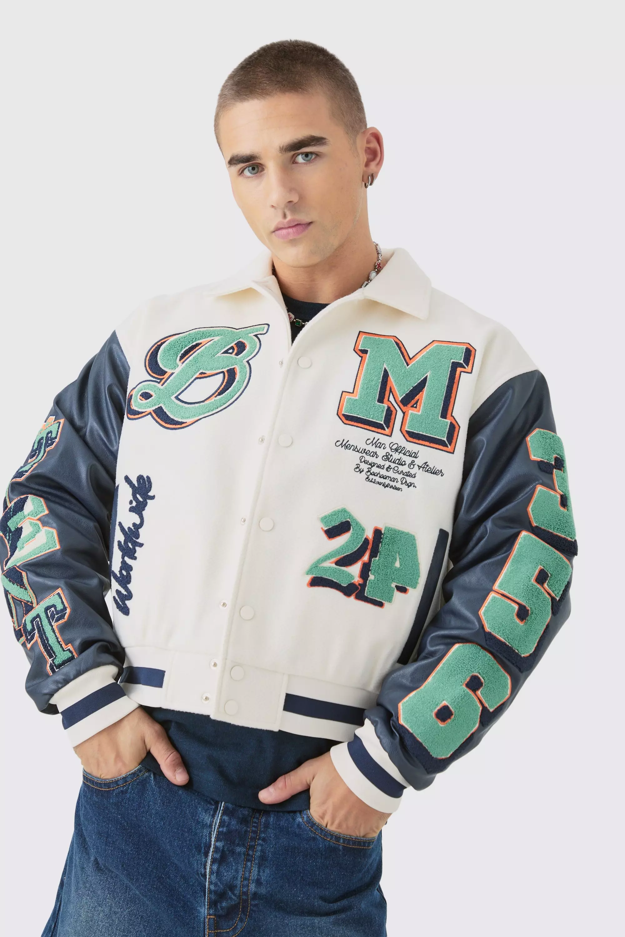 Boxy BM Badge Collared Varsity Jacket In Ecru Ecru