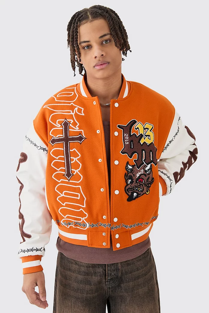 Boxy Limited Badge PU Sleeve Varsity Jacket In Orange Boxy Limited Badge PU Sleeve Varsity Jacket In Orange
