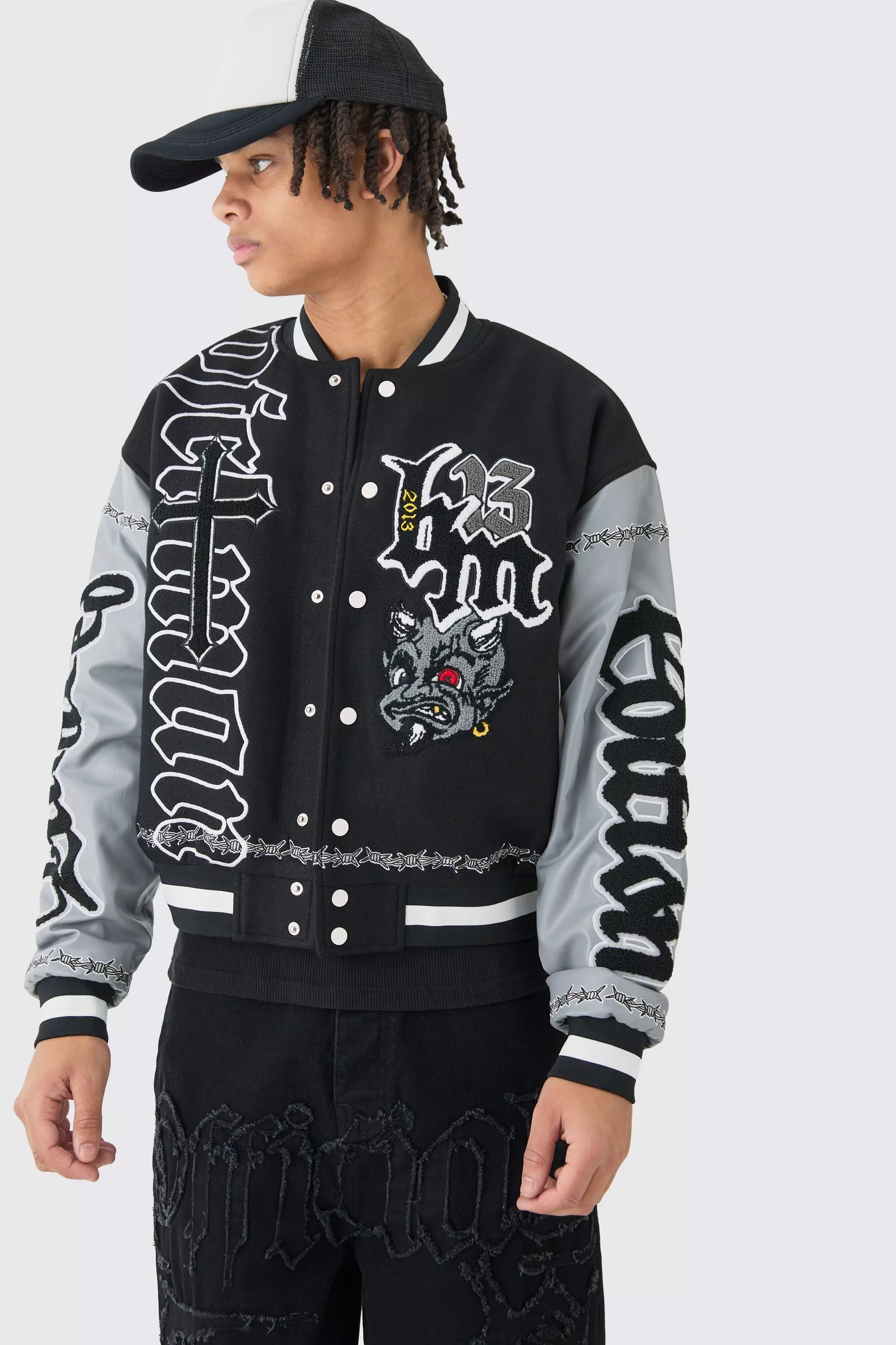 Boxy Limited Badge Pu Sleeve Varsity Jacket In Black Black