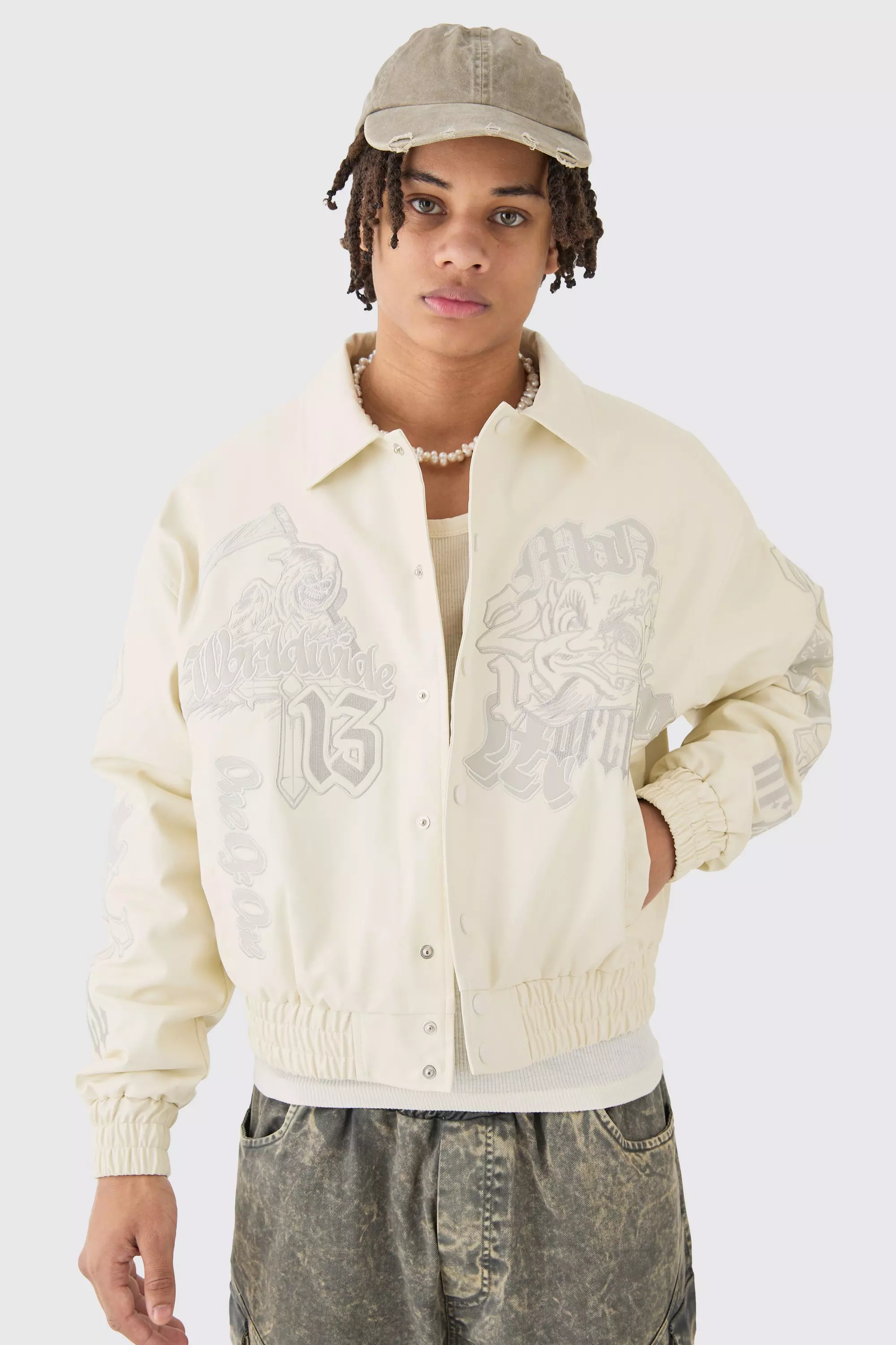 Boxy Worldwide Tonal Badge Collared Bomber Jacket In Ecru boohooMAN IE