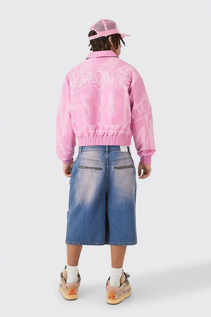 Boxy BM Printed Collared Bomber Jacket In Pink | boohooMAN USA Boxy BM Printed Collared Bomber Jacket In Pink | boohooMAN USA
