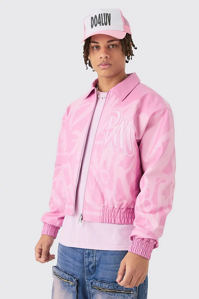 Boxy BM Printed Collared Bomber Jacket In Pink | boohooMAN USA Boxy BM Printed Collared Bomber Jacket In Pink | boohooMAN USA