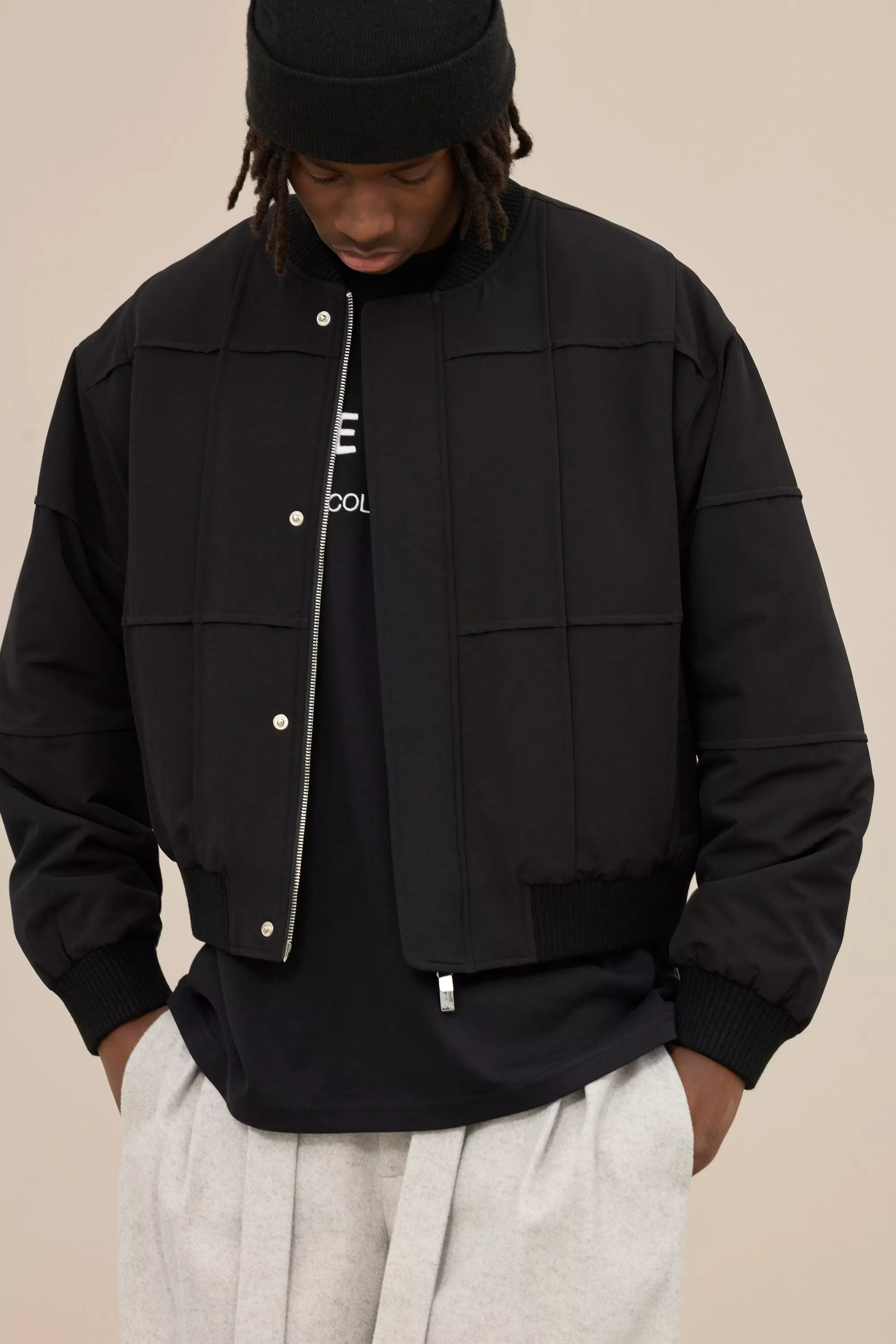 Boxy Panel Padded Nylon Bomber Jacket In Black Black