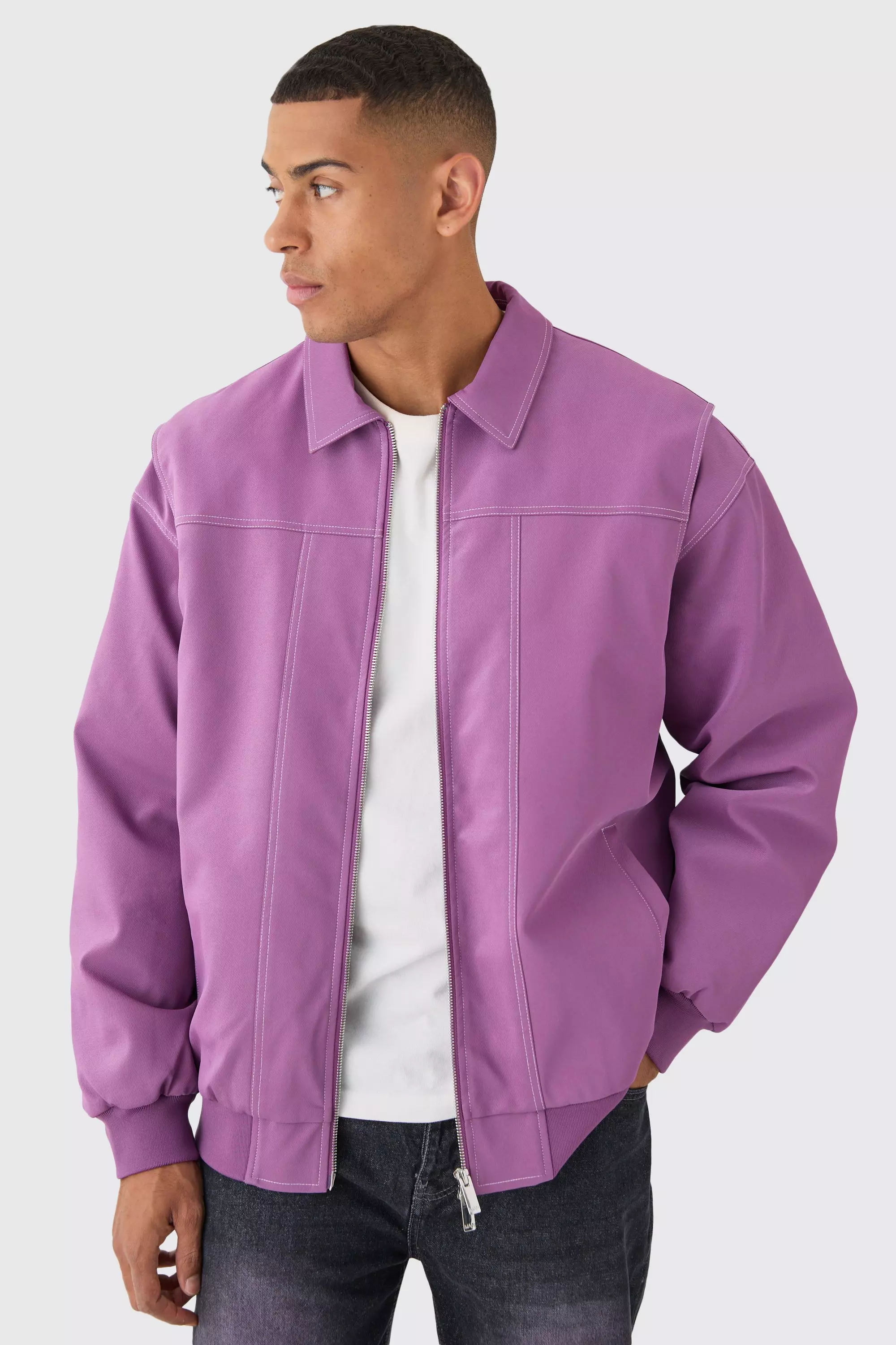 Oversized Pu Panel Detail Bomber In Pink Pink