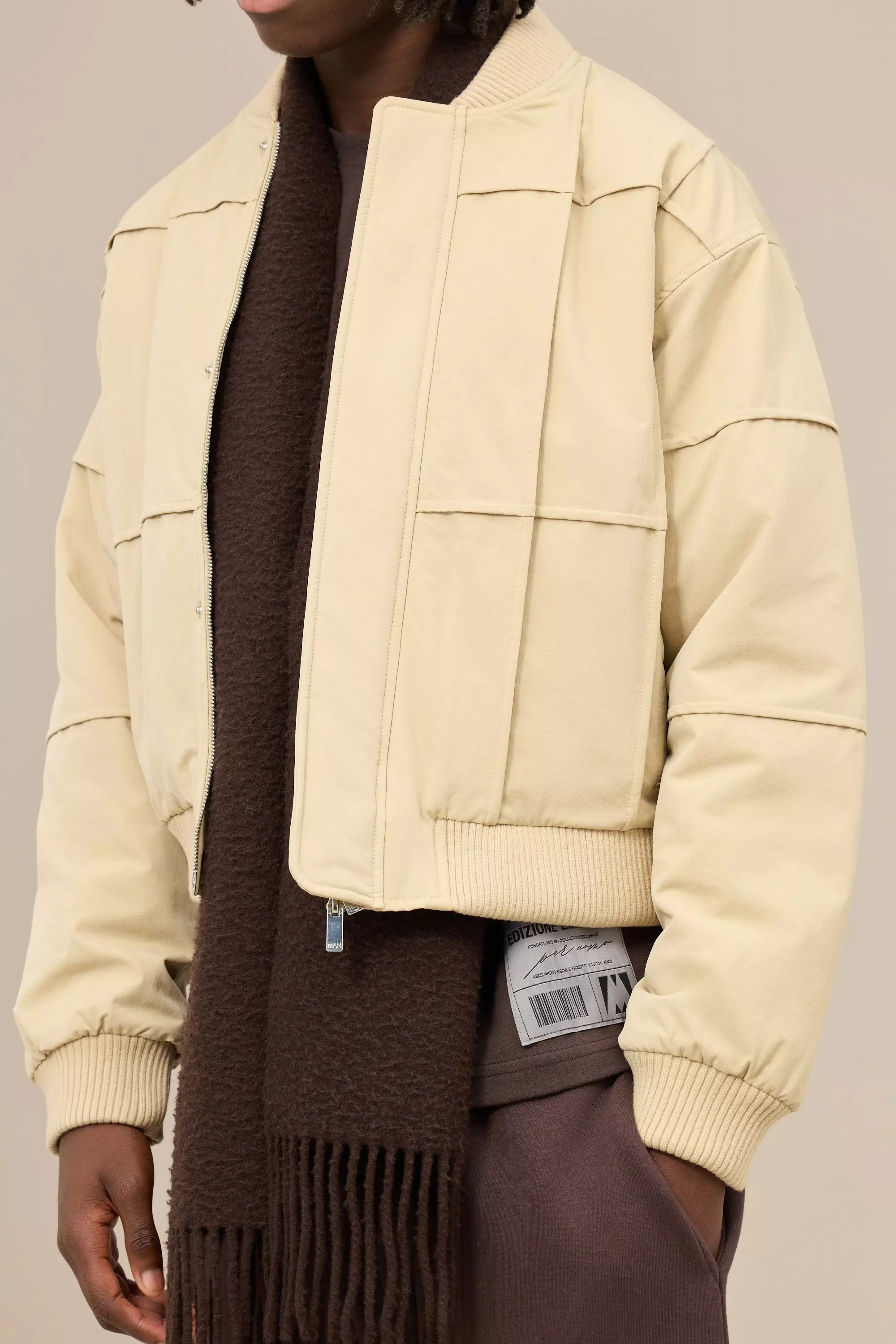 Boxy Panel Padded Nylon Bomber Jacket In Stone Stone