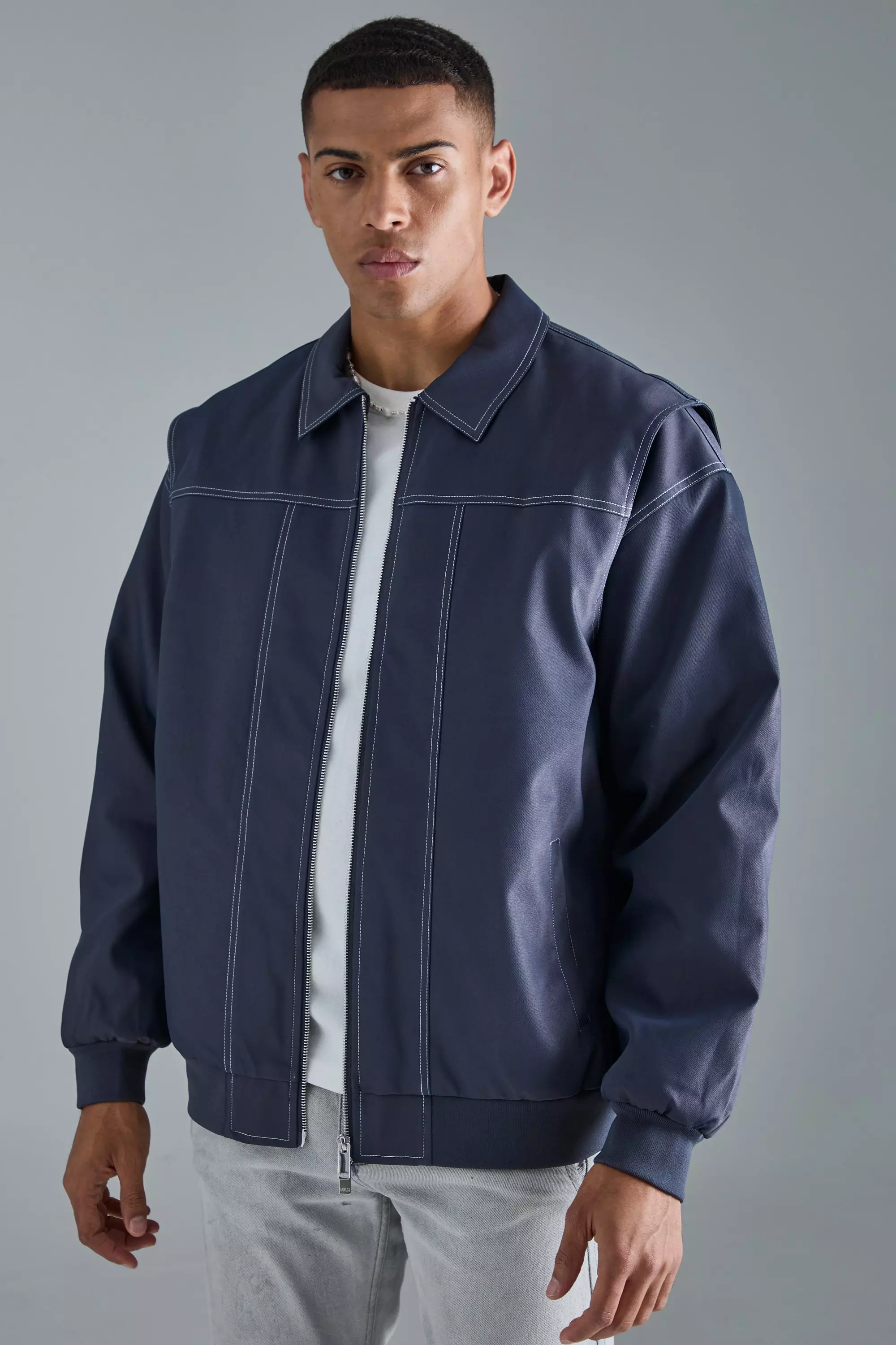 Oversized Pu Panel Detail Bomber In Navy Navy