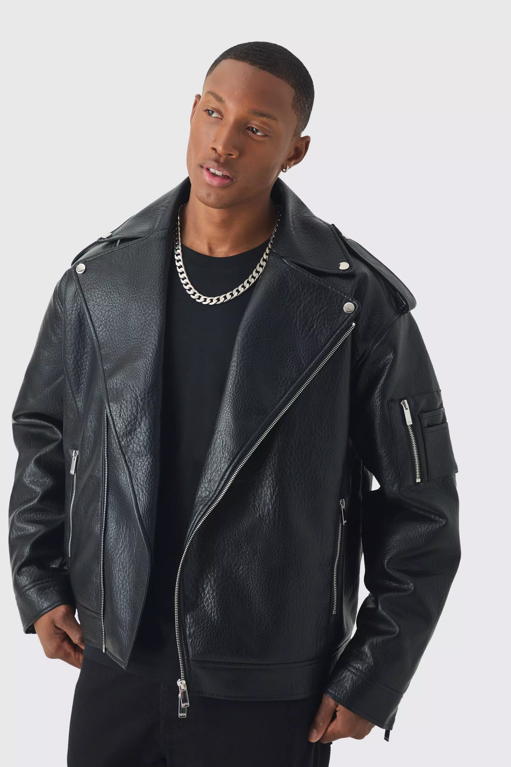 Extreme Oversized Textured PU Biker Jacket In Black boohooMAN USA