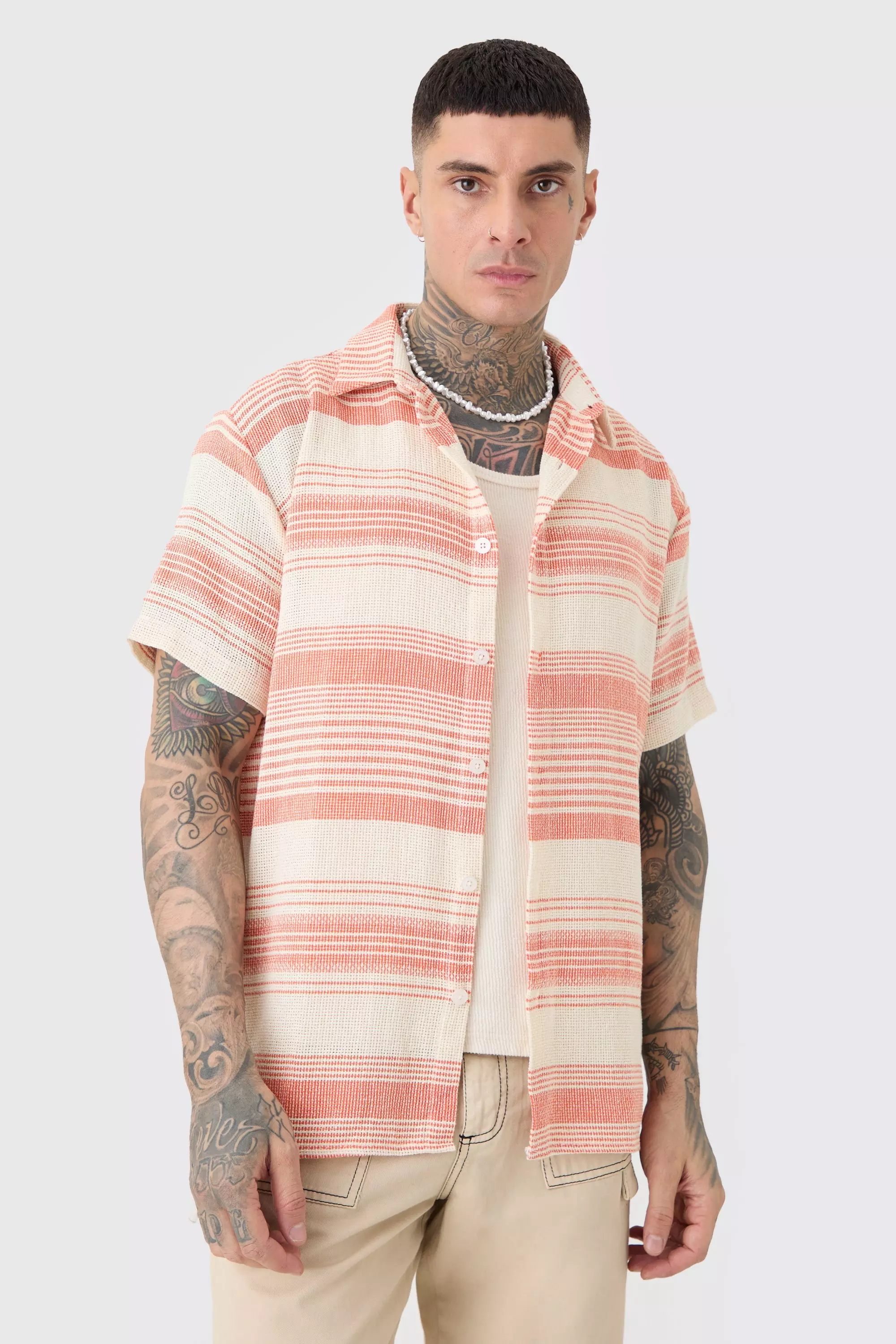 Beige Tall Short Sleeve Oversized Textured Stripe Shirt In Stone