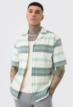 Tall Short Sleeve Drop Revere Textured Check Shirt In Stone Stone
