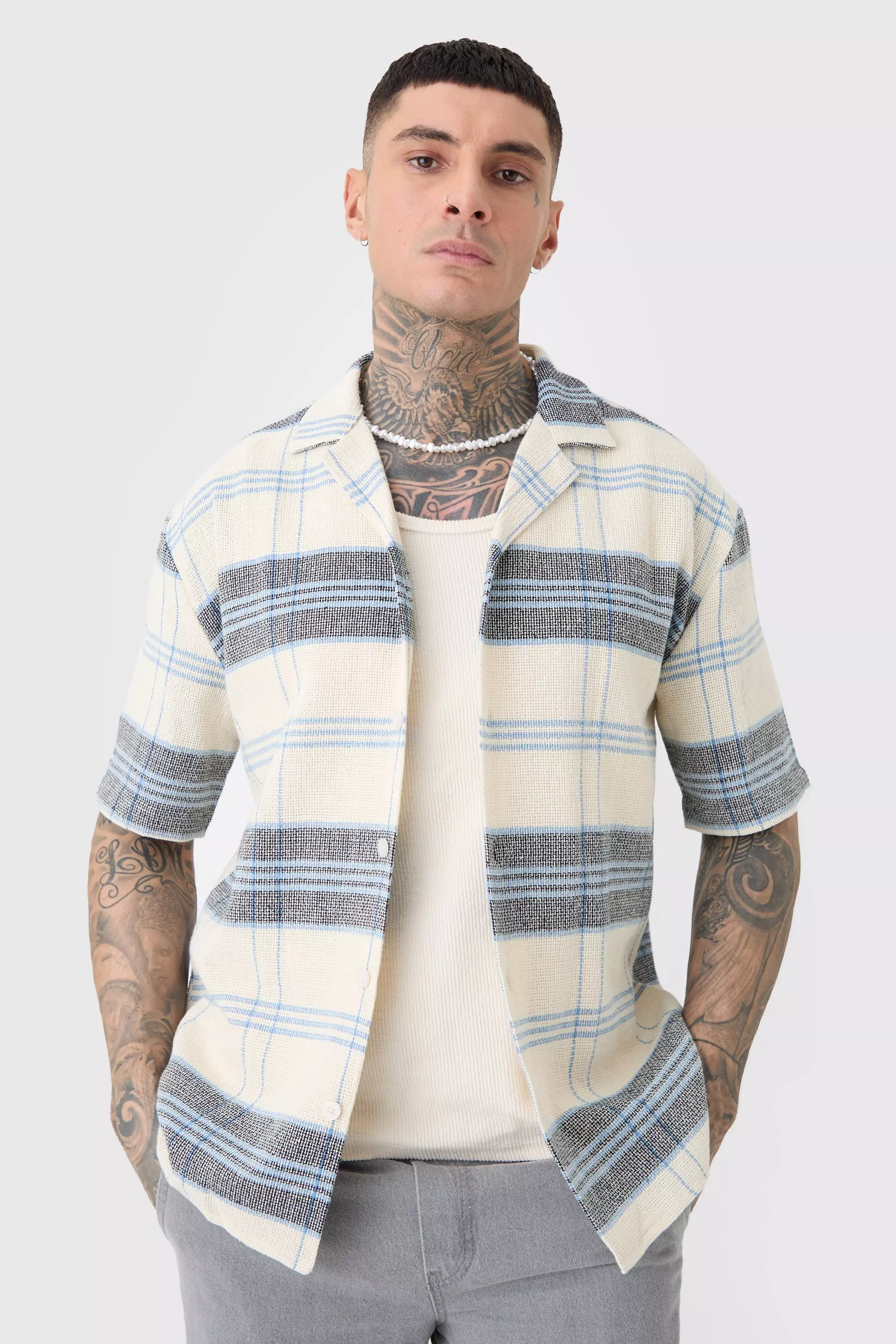 Beige Tall Short Sleeve Drop Revere Textured Check Shirt In Stone