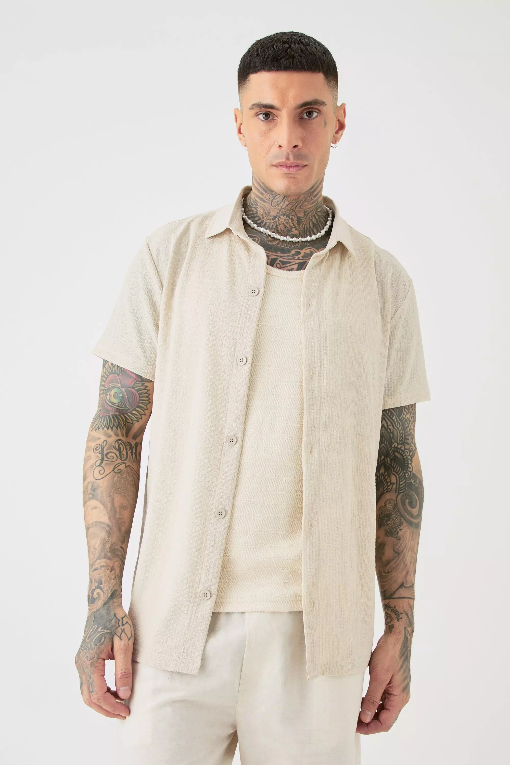 Beige Tall Short Sleeve Regular Textured Shirt In Stone