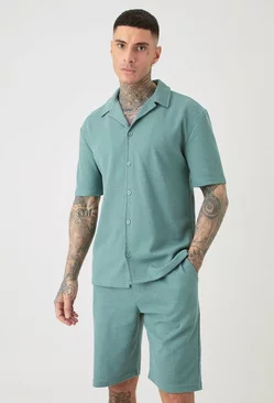 Green Tall Short Sleeve Drop Revere Shirt & Short Set In Green