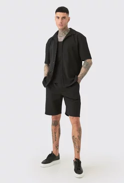 Tall Short Sleeve Drop Revere Shirt & Short Set In Brown Black