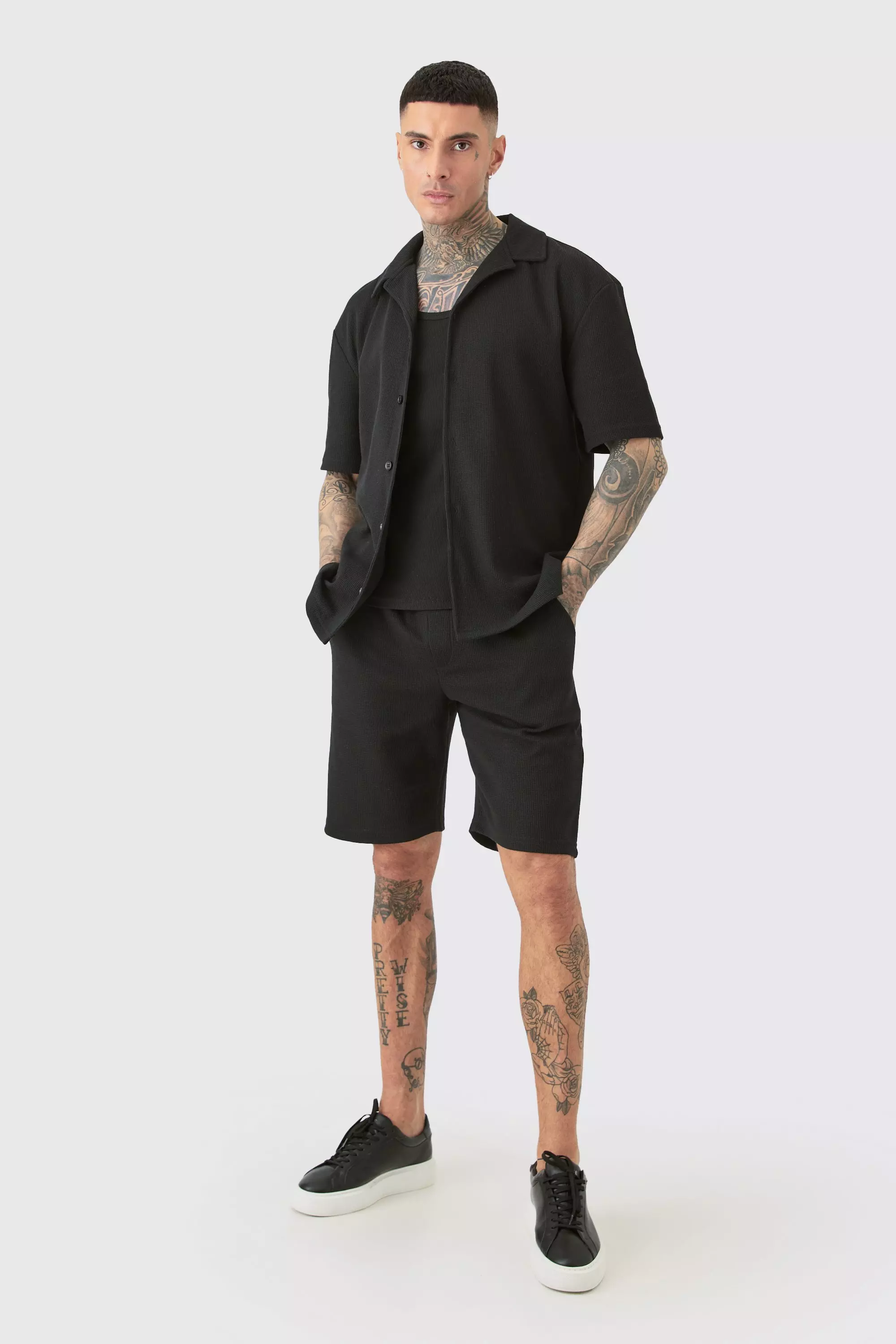 Black Tall Short Sleeve Drop Revere Shirt & Short Set In Brown
