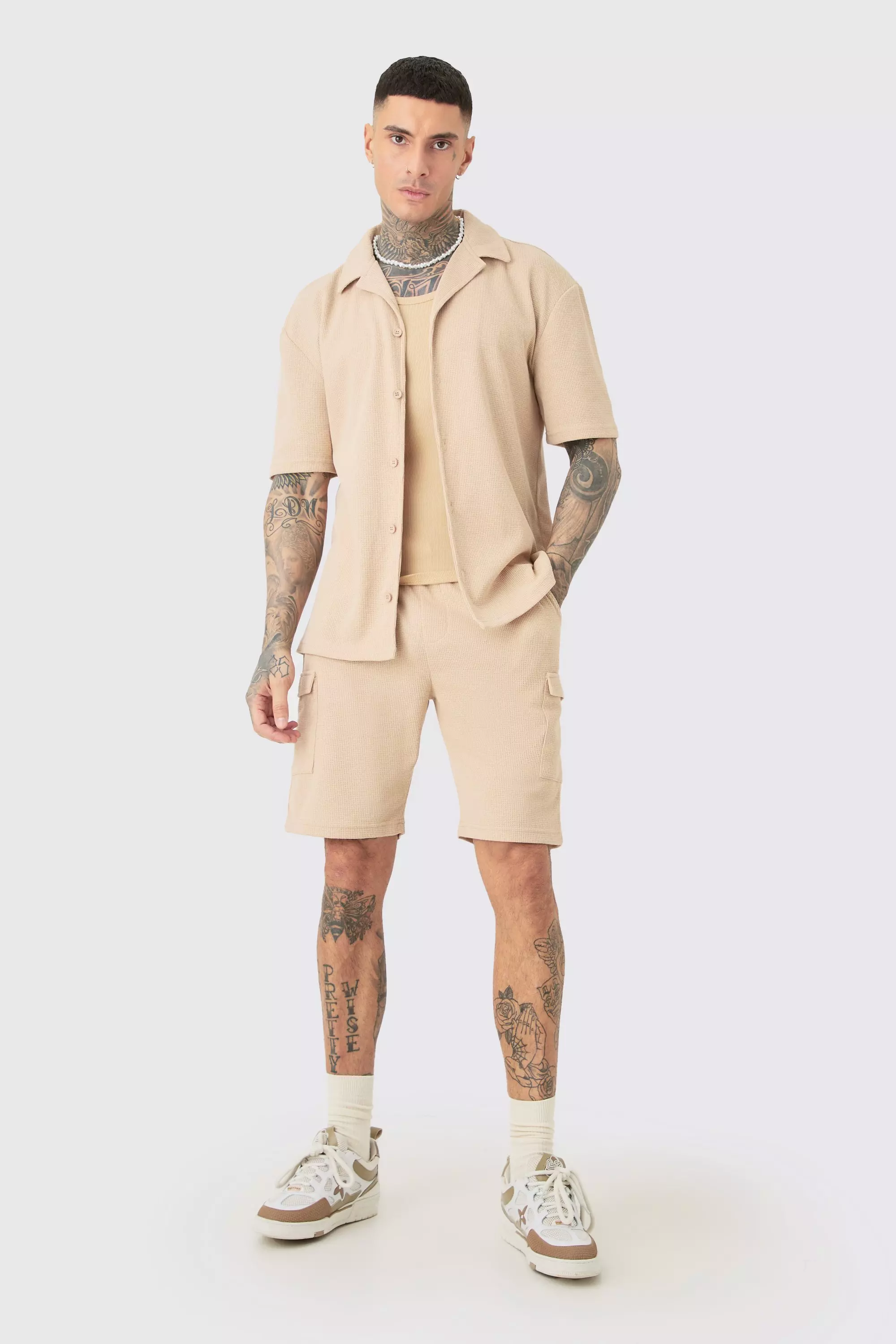Beige Tall Short Sleeve Drop Revere Shirt & Cargo Short Set In Stone