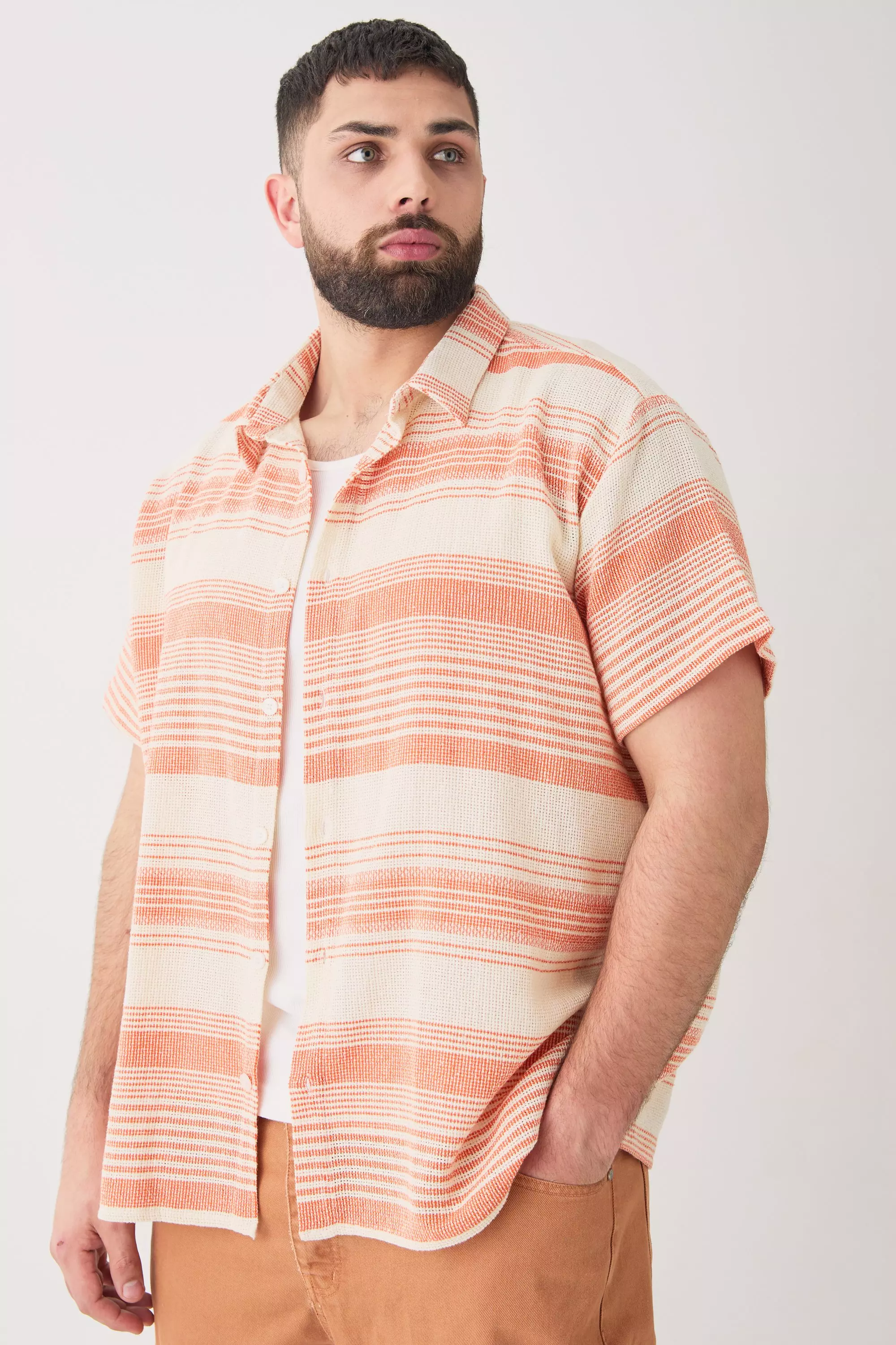 Beige Plus Short Sleeve Oversized Textured Stripe Shirt In Stone