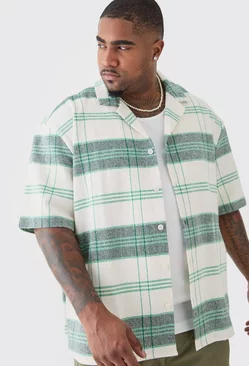 Plus Short Sleeve Drop Revere Textured Check Shirt In Stone Stone