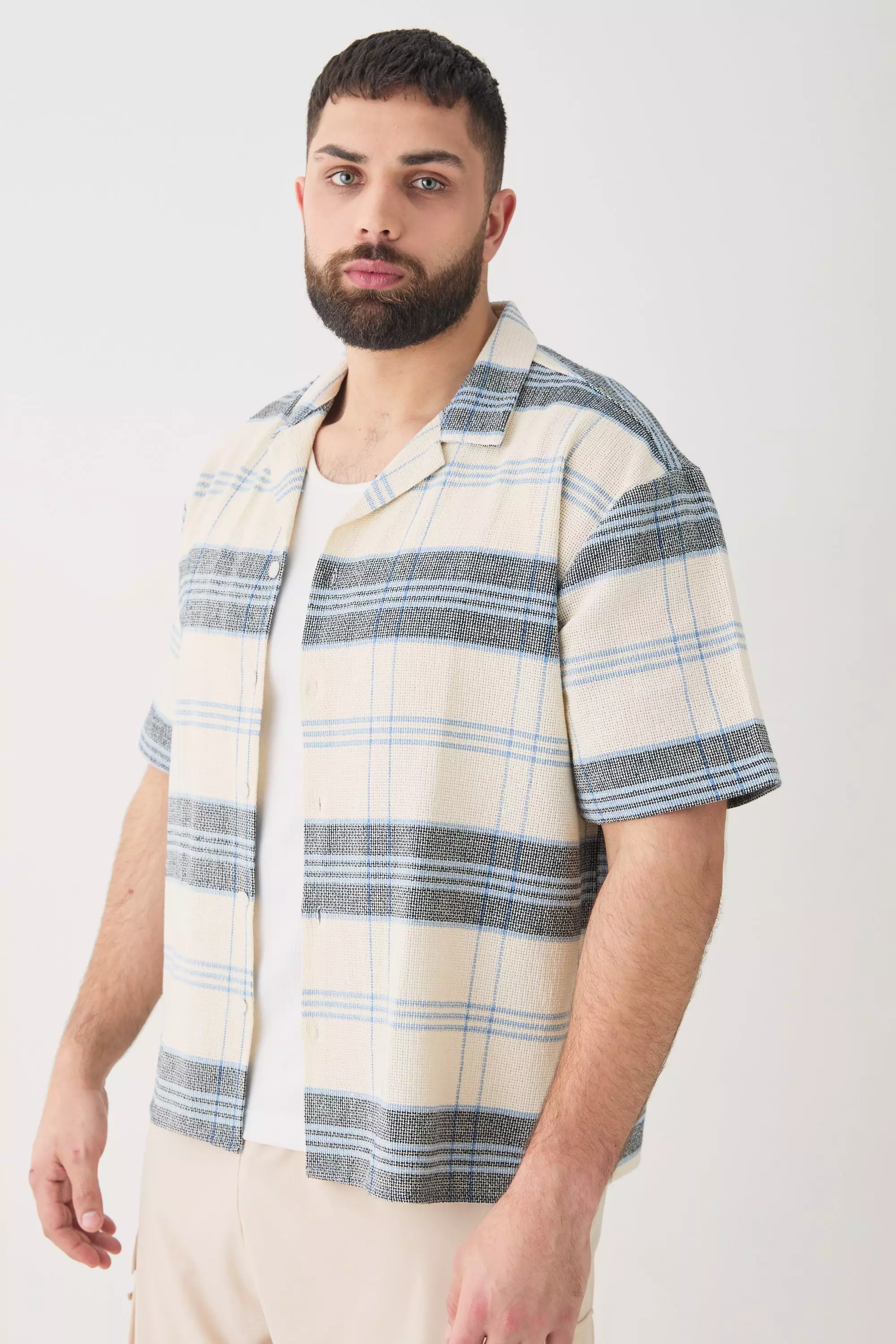 Plus Short Sleeve Drop Revere Textured Flannel Shirt In Stone Stone