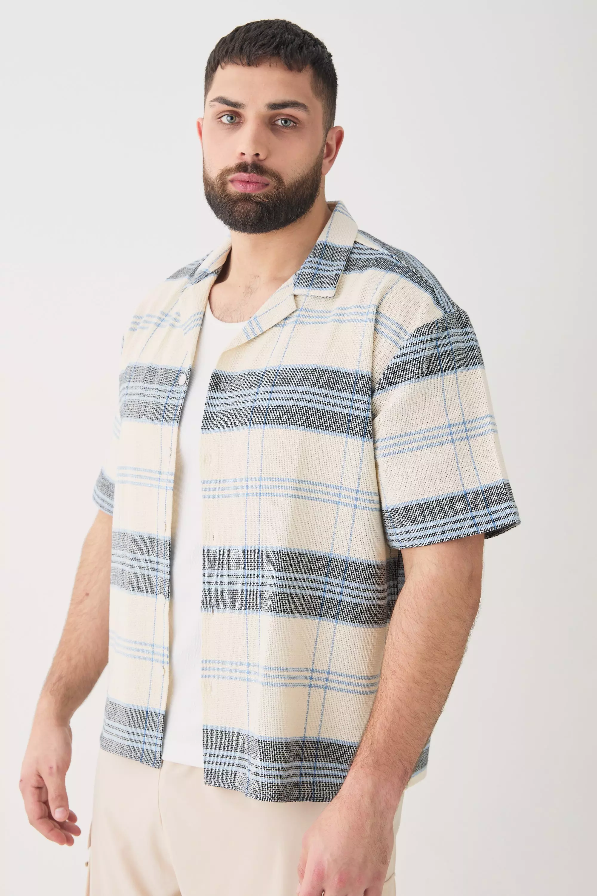 Plus Short Sleeve Drop Revere Textured Check Shirt In Stone Stone