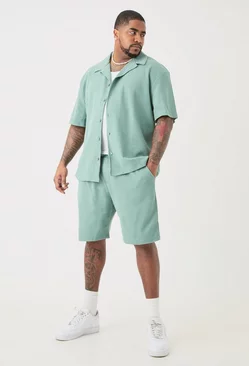 Green Plus Short Sleeve Drop Revere Shirt & Short Set In Green