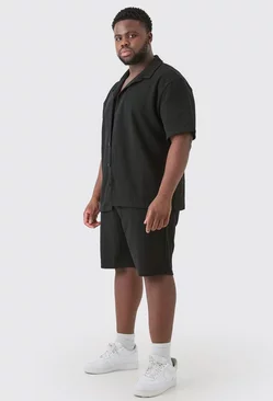 Black Plus Short Sleeve Drop Revere Shirt & Short Set In Brown