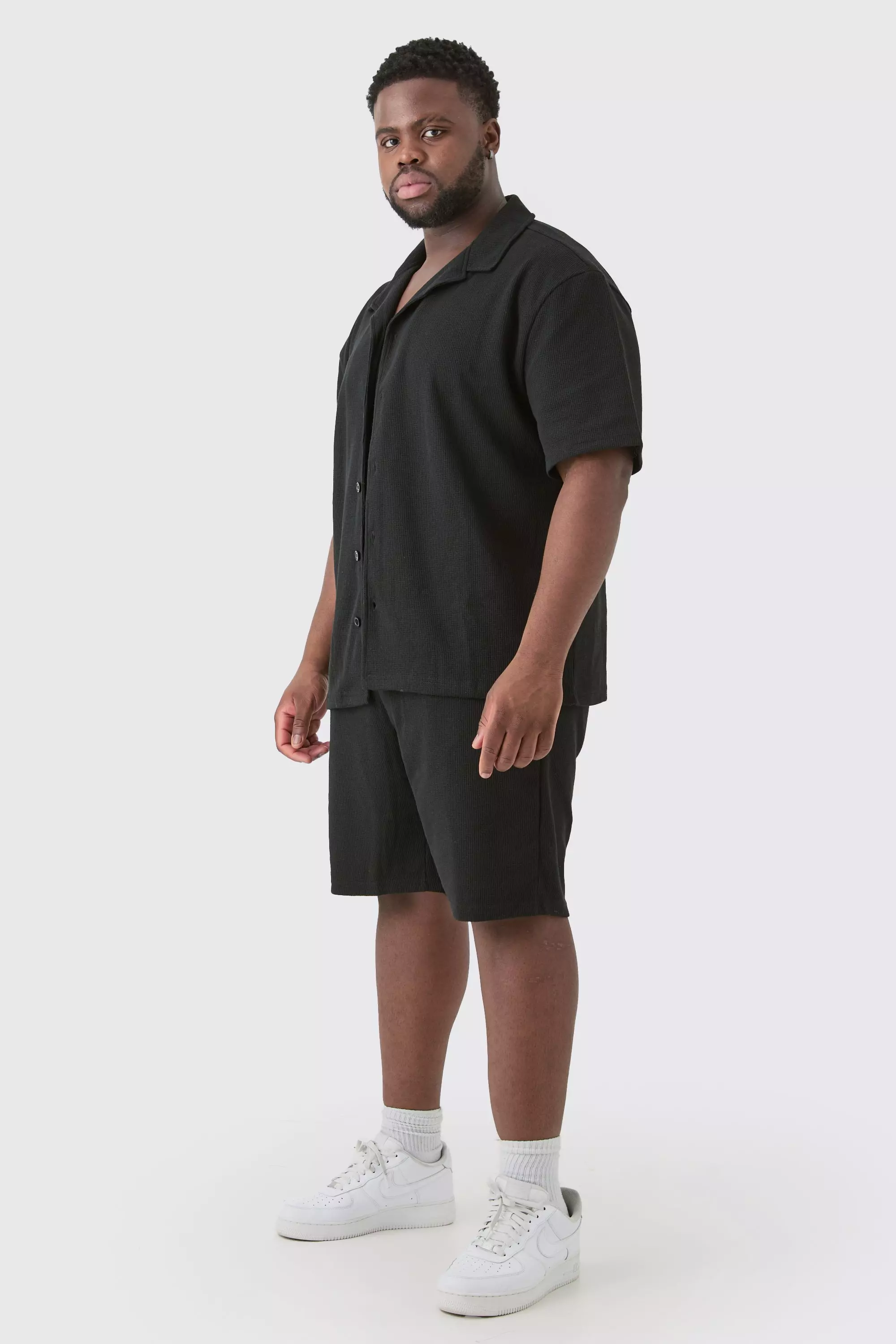 Plus Short Sleeve Drop Revere Shirt & Short Set In Brown Black
