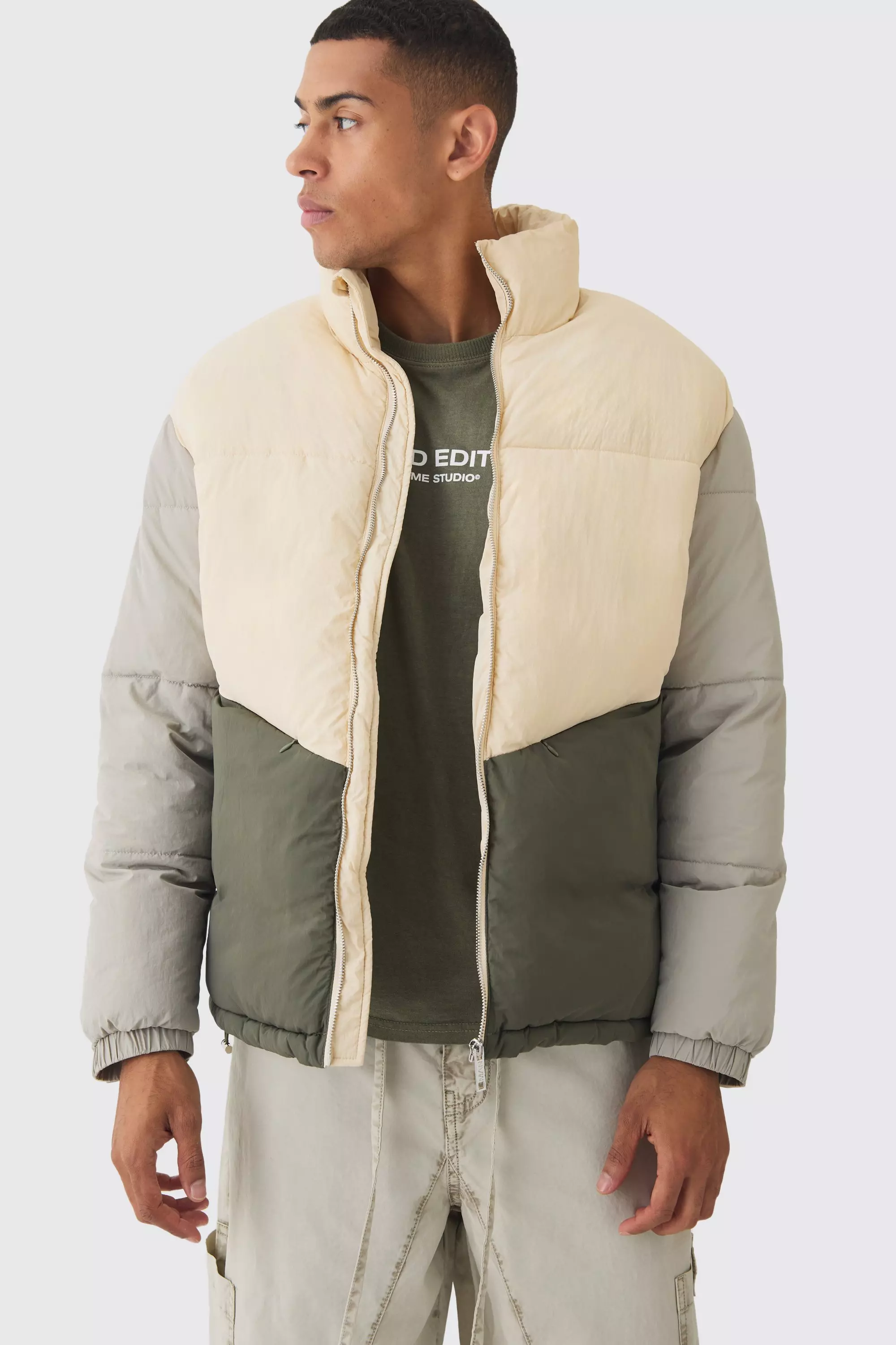 Colour Block Funnel Neck Puffer In Ecru alternative image