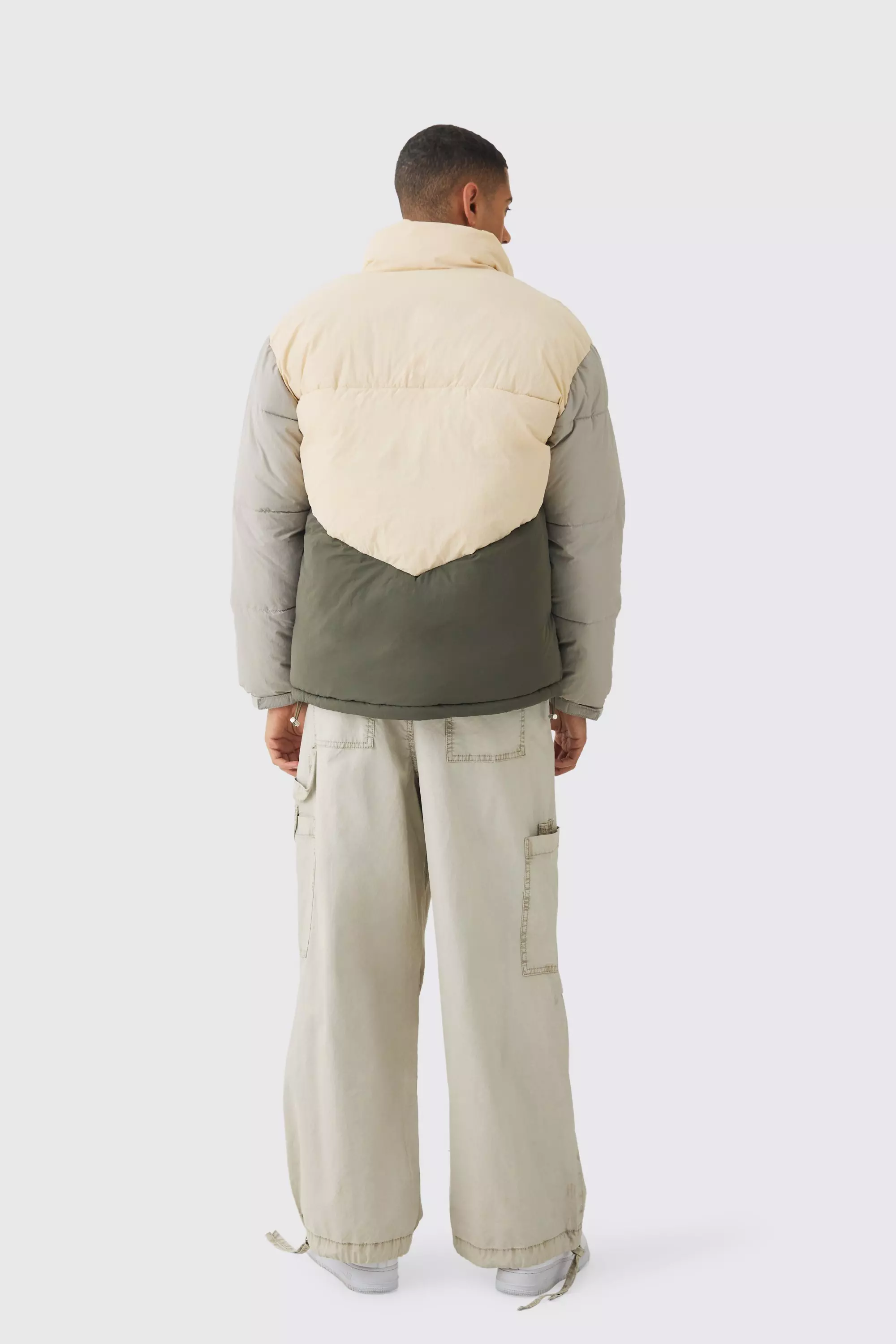 Colour Block Funnel Neck Puffer In Ecru alternative image