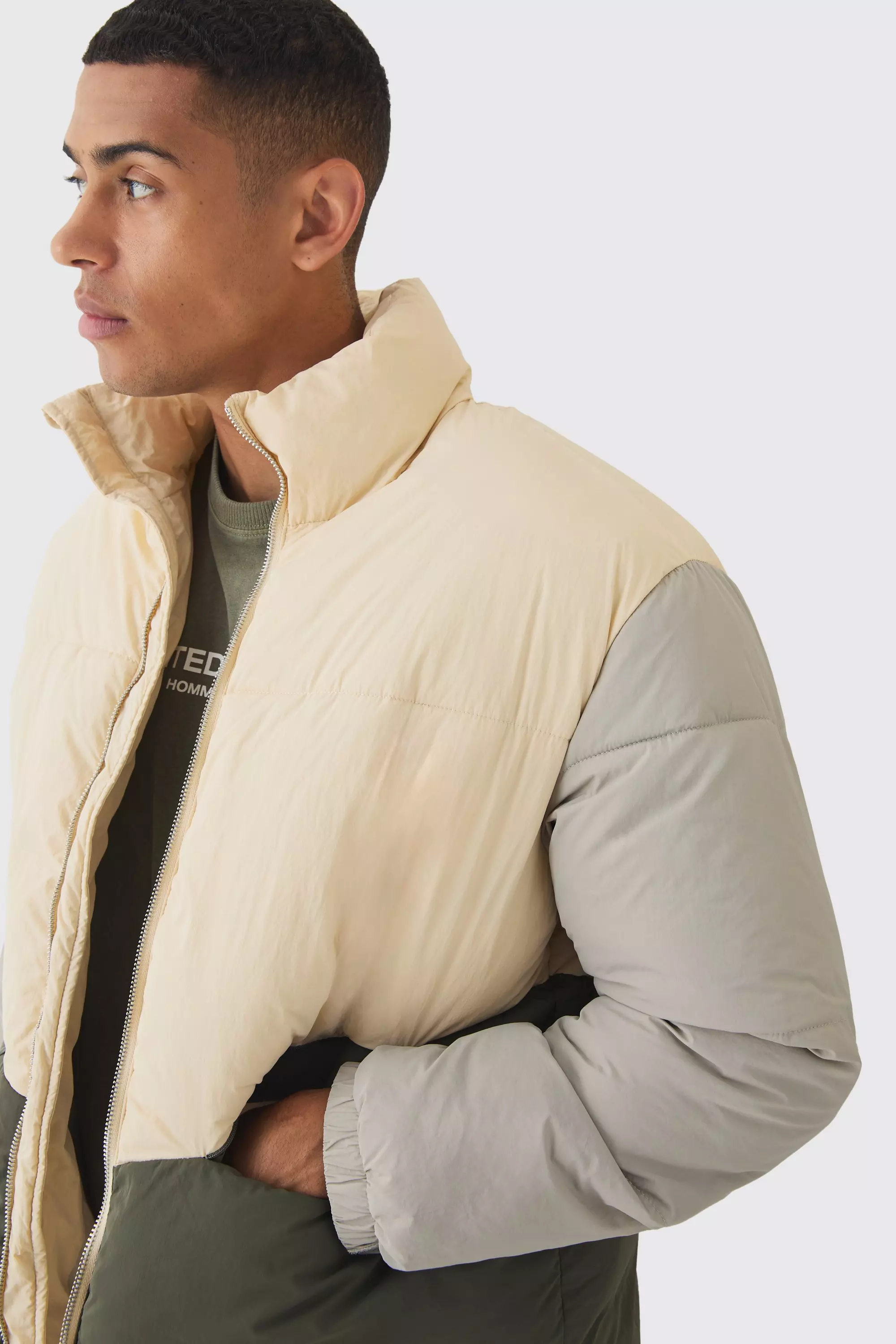 Colour Block Funnel Neck Puffer In Ecru alternative image