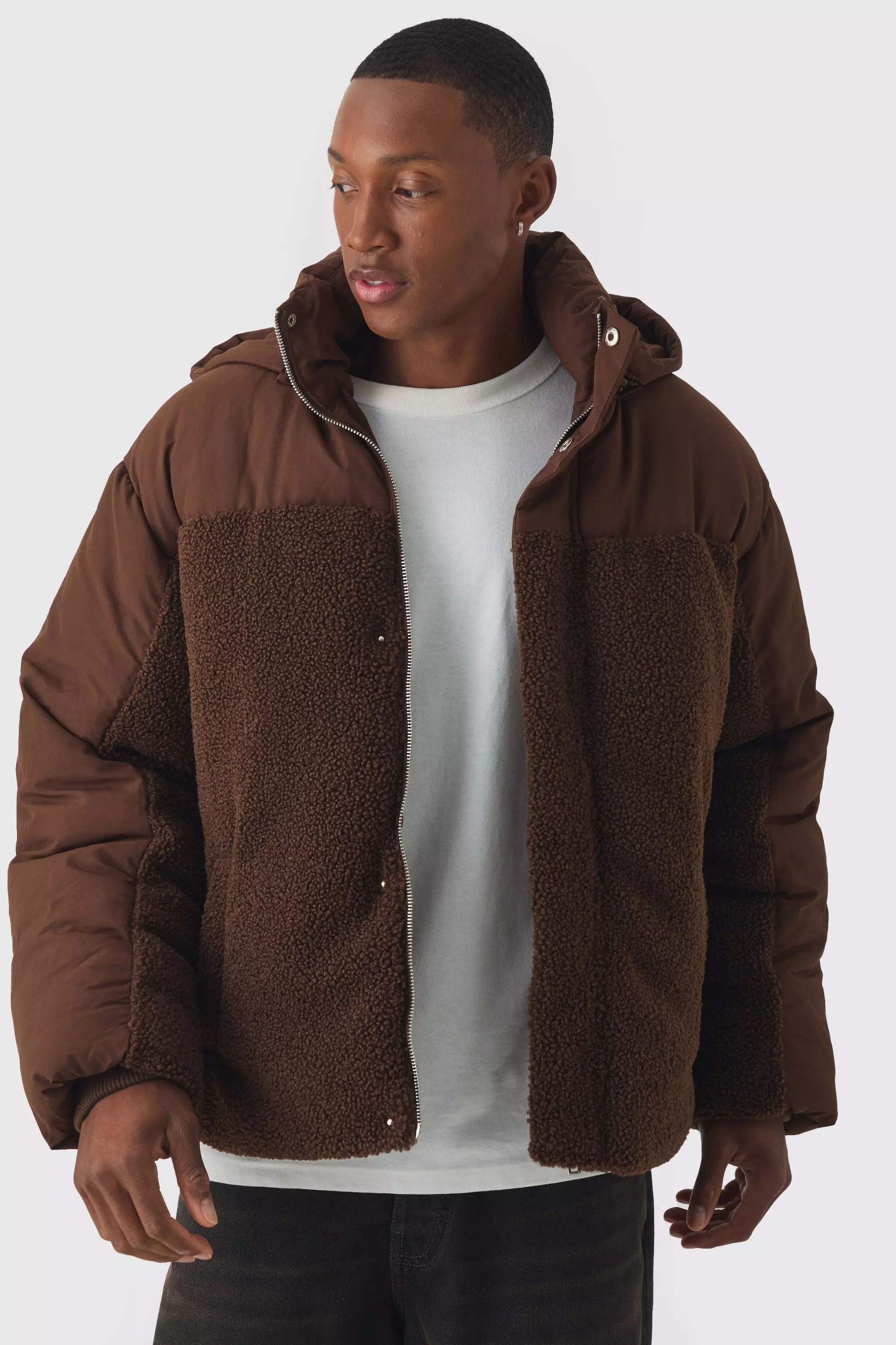 BoohooMAN Mens Borg and Nylon Padded Coat with Detachable Hood in Chocolate Brown