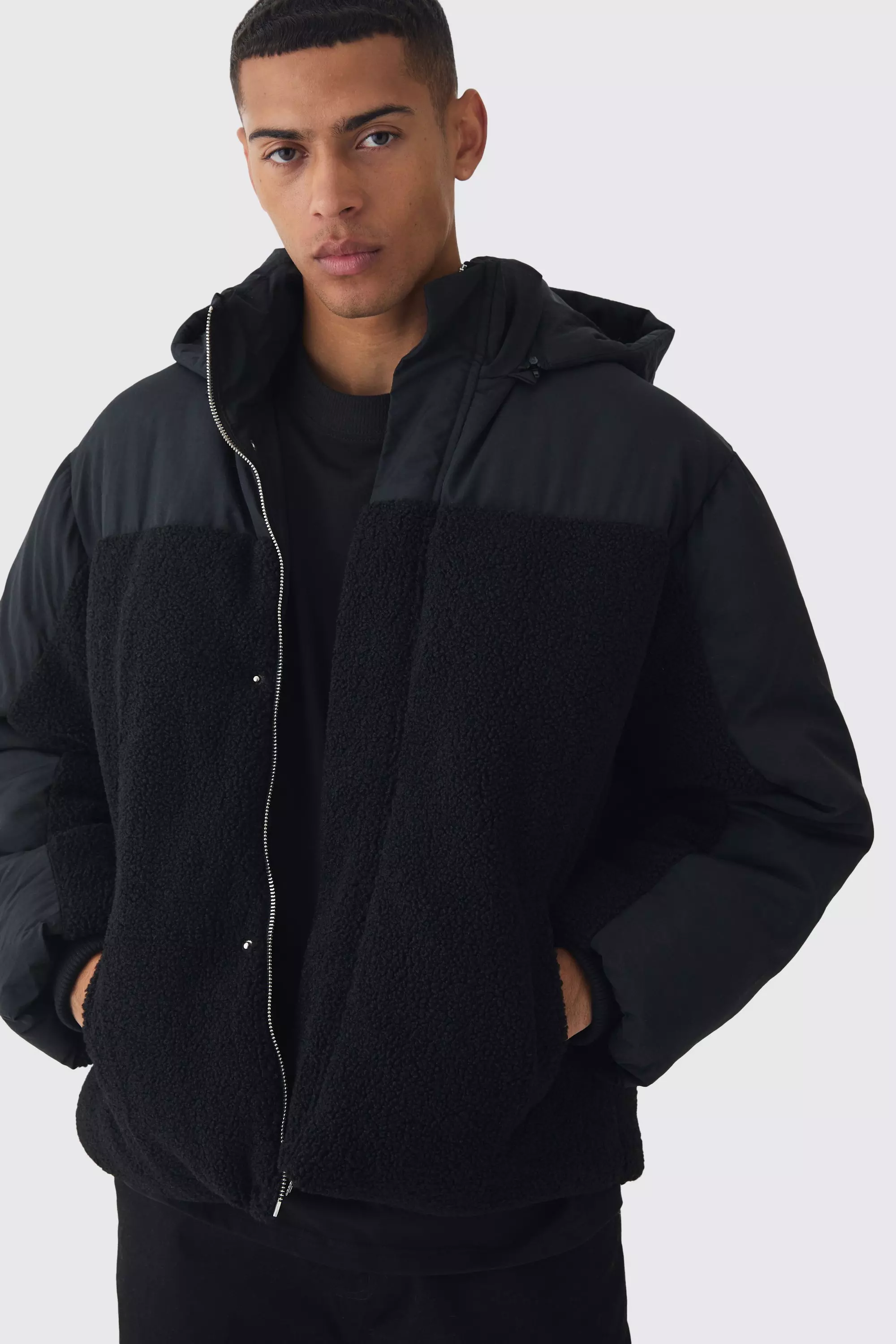 Borg And Nylon Padded Coat With Detachable Hood In Black Black