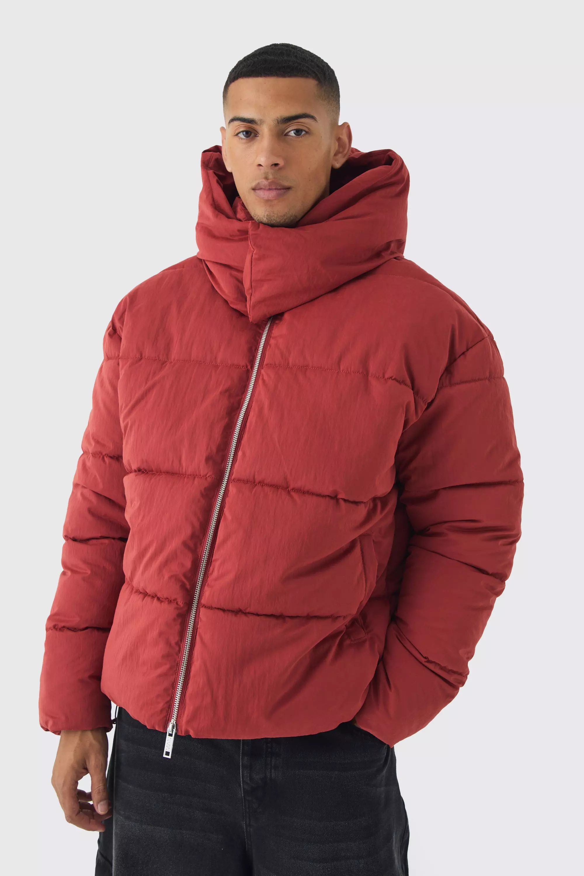 Extended Funnel Neck Hooded Puffer In Rust Rust