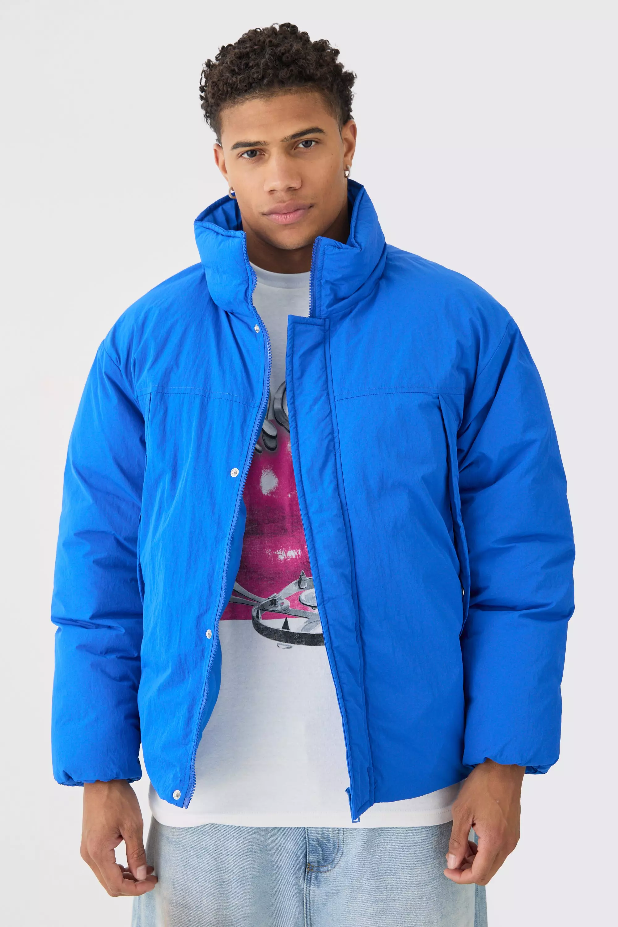 Funnel Neck Padded Jacket In Cobalt Cobalt