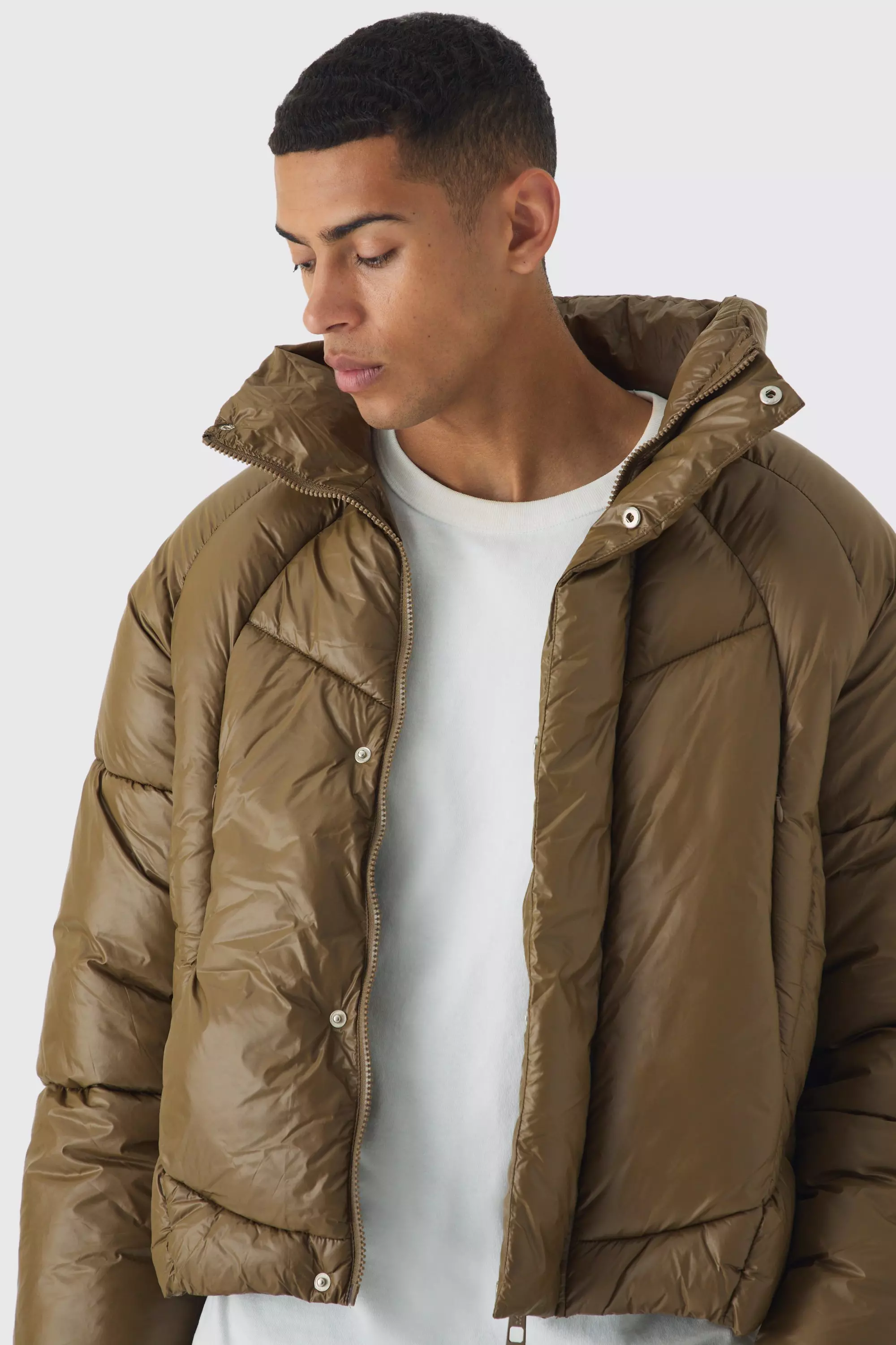 Boxy High Shine Nylon Abstract Quilted Funnel Neck Puffer In Khaki Khaki