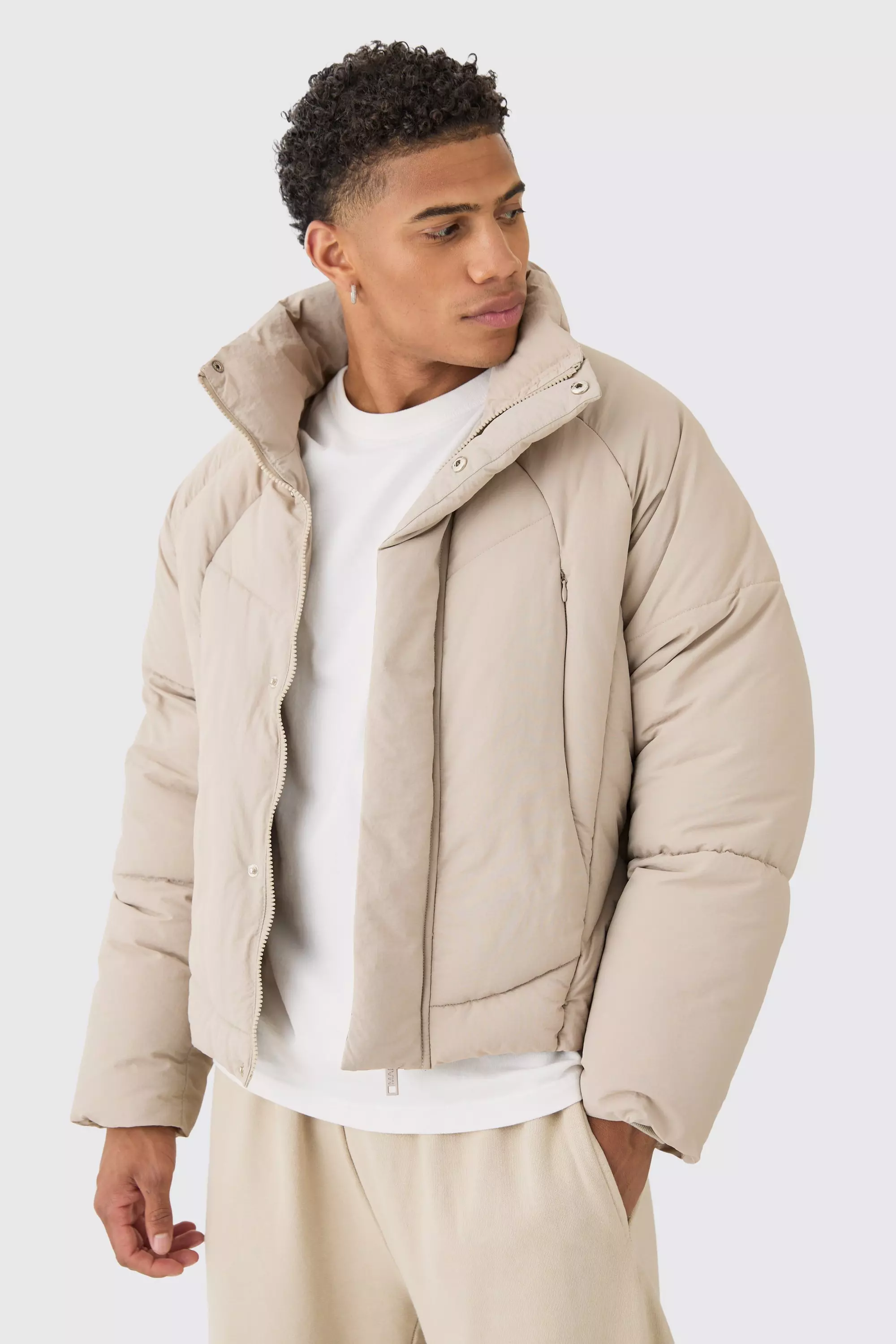 Boxy Abstract Quilted Funnel Neck Puffer In Stone alternative image