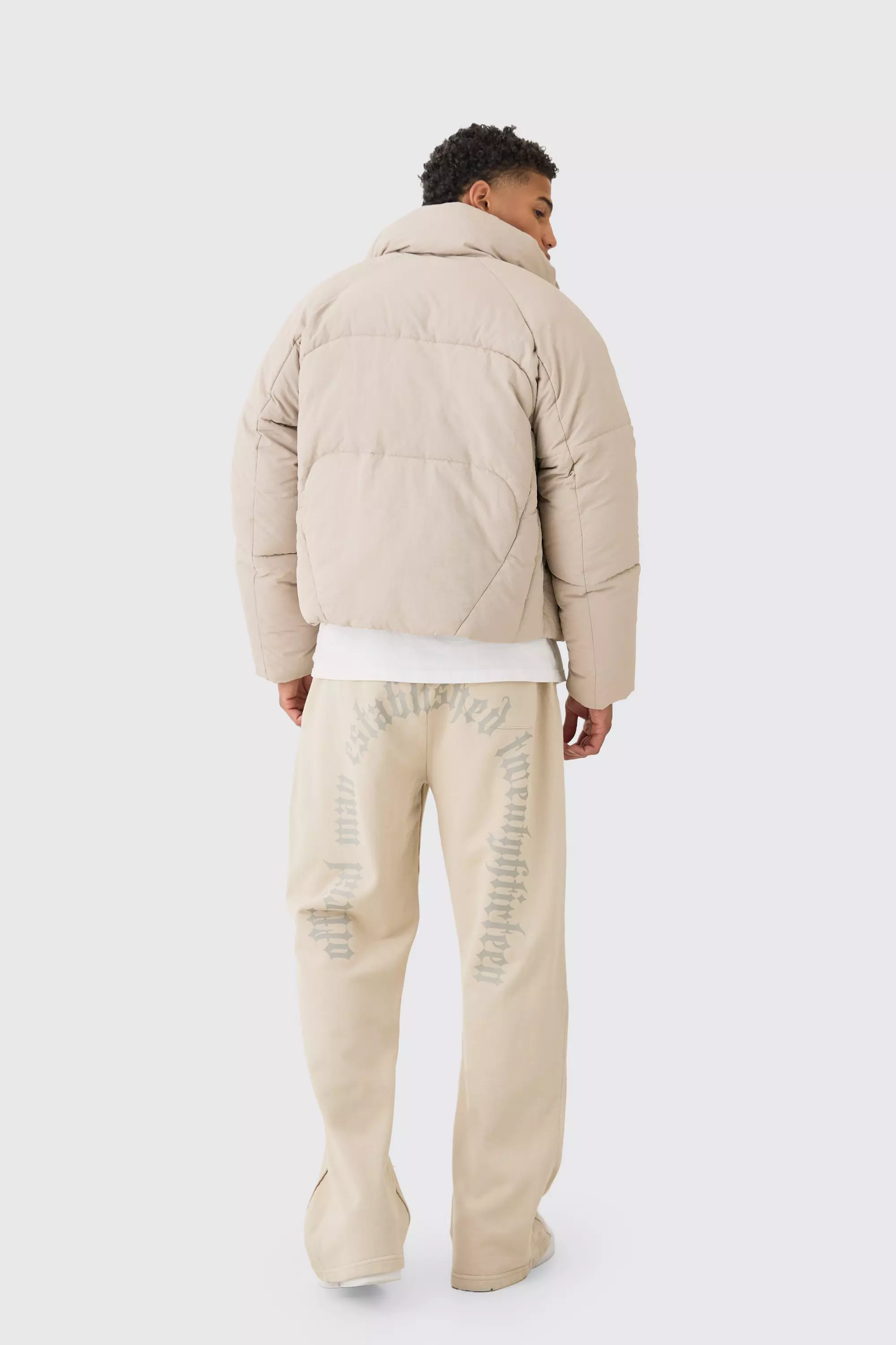 Boxy Abstract Quilted Funnel Neck Puffer In Stone alternative image