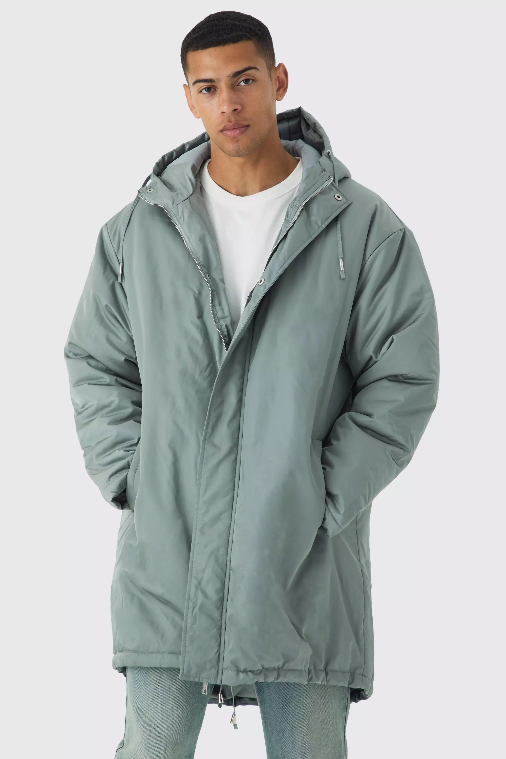 Oversized Satin Padded Longline Parka In Sage Sage