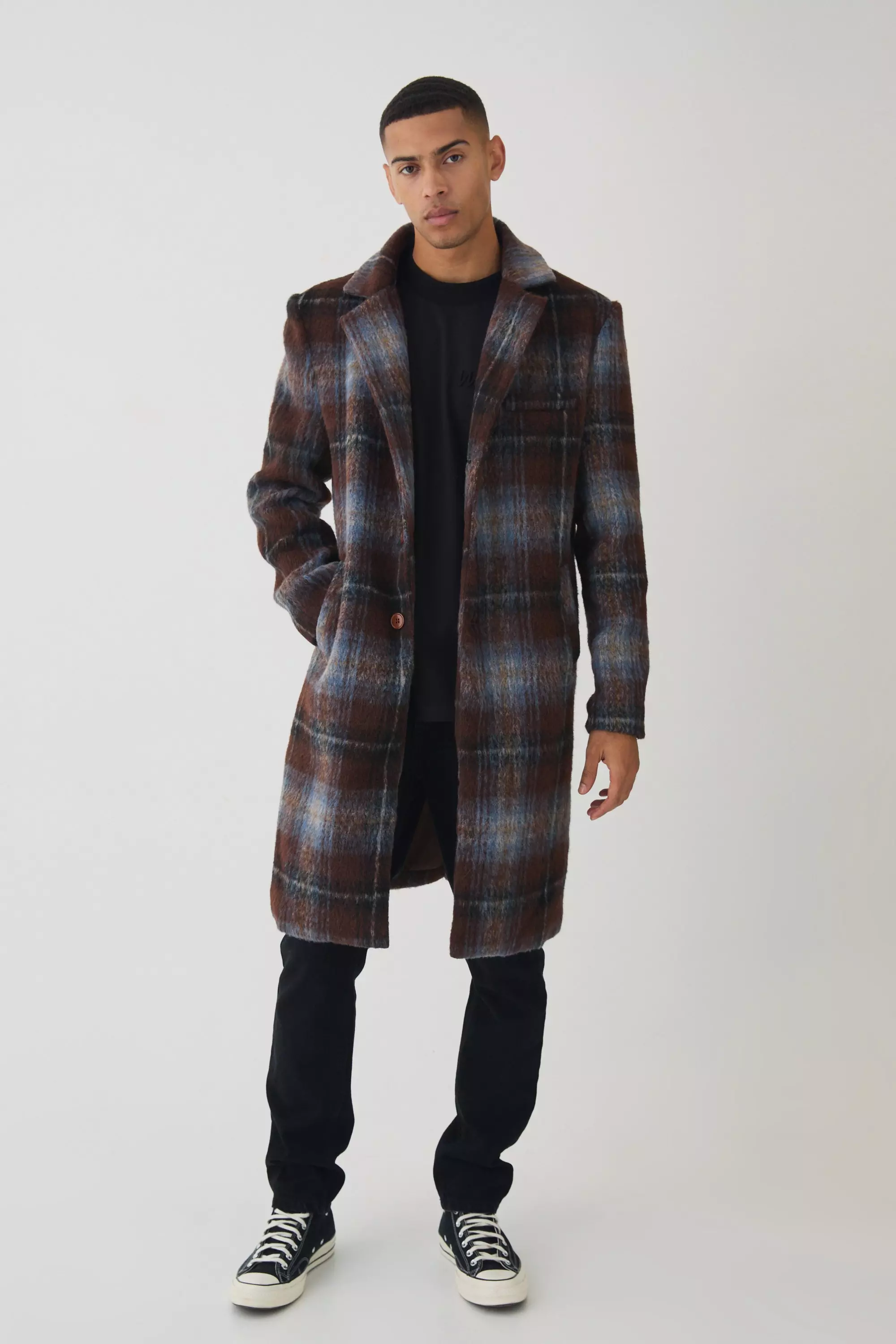 Single Breasted Plaid Overcoat In Blue Blue