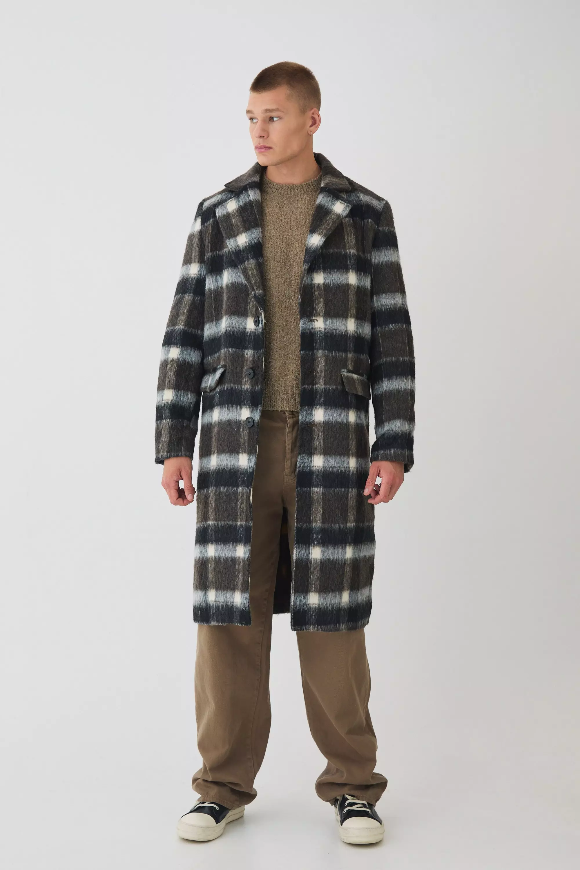 Brushed Plaid Overcoat In Brown Brown